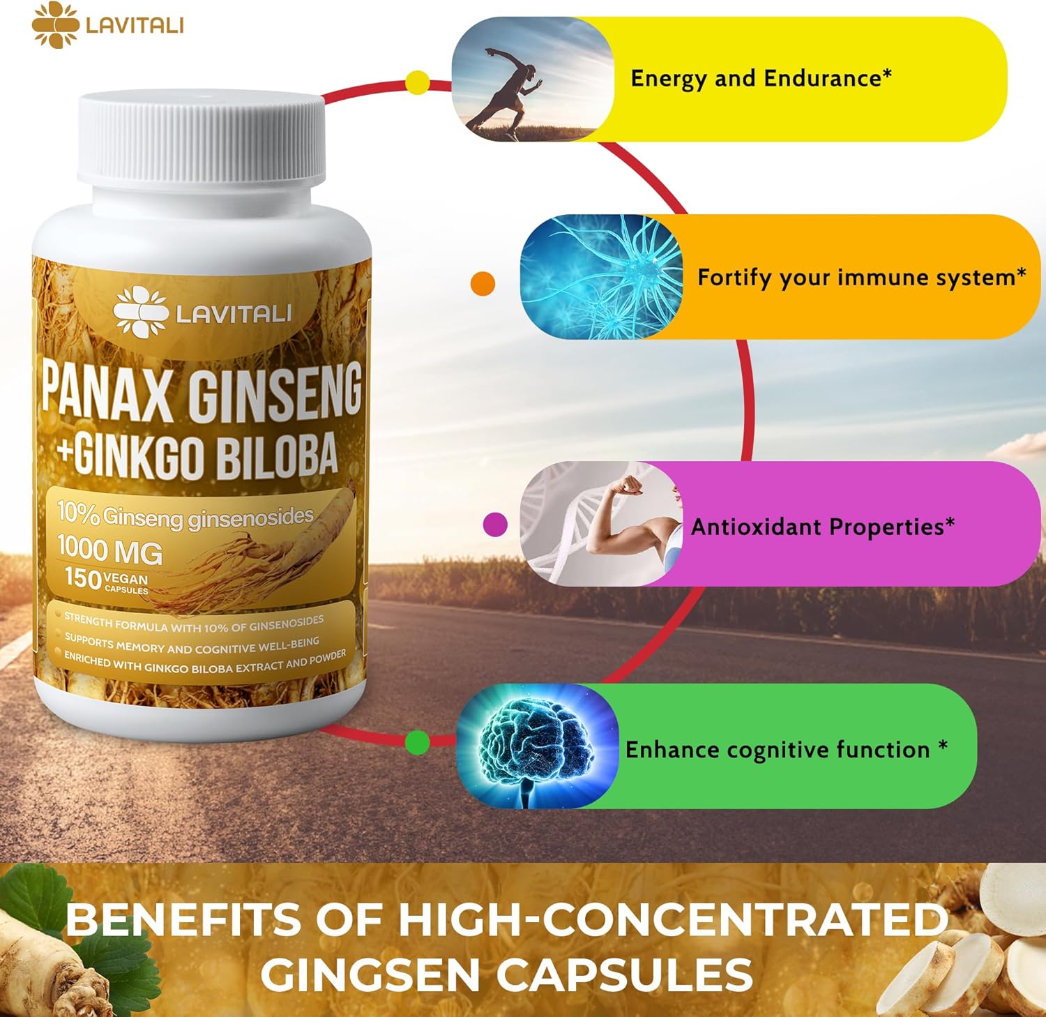 Ginseng & Ginkgo Biloba 150 cápsulas vegetales, polvo de extracto de raíz de ginseng energético, con extracto de ginkgo biloba, 100% natural y sin