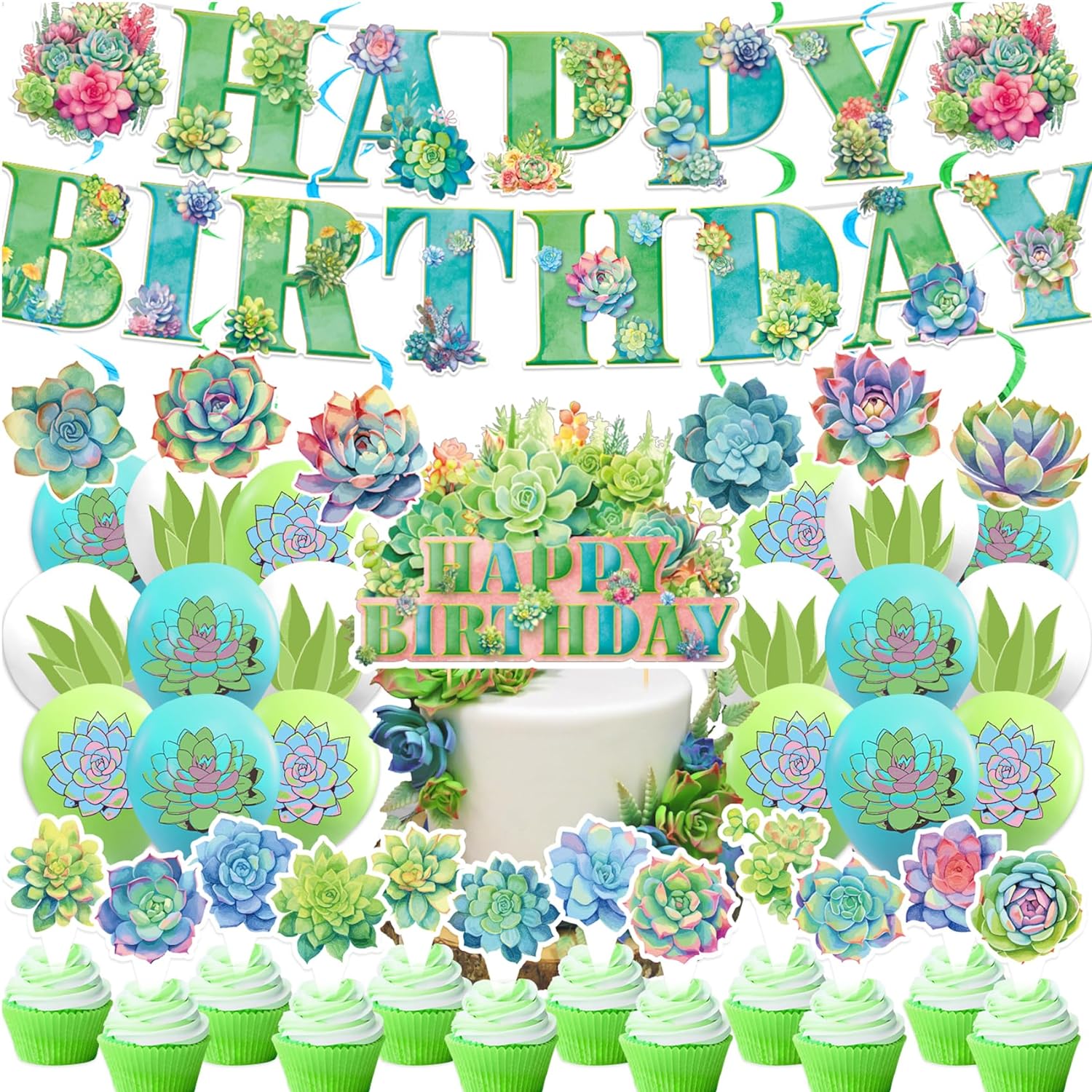 Plantas suculentas, decoraciones de fiesta de cumpleaños, plantas suculentas, suministros de fiesta, incluye pancarta de cumpleaños, decoración de