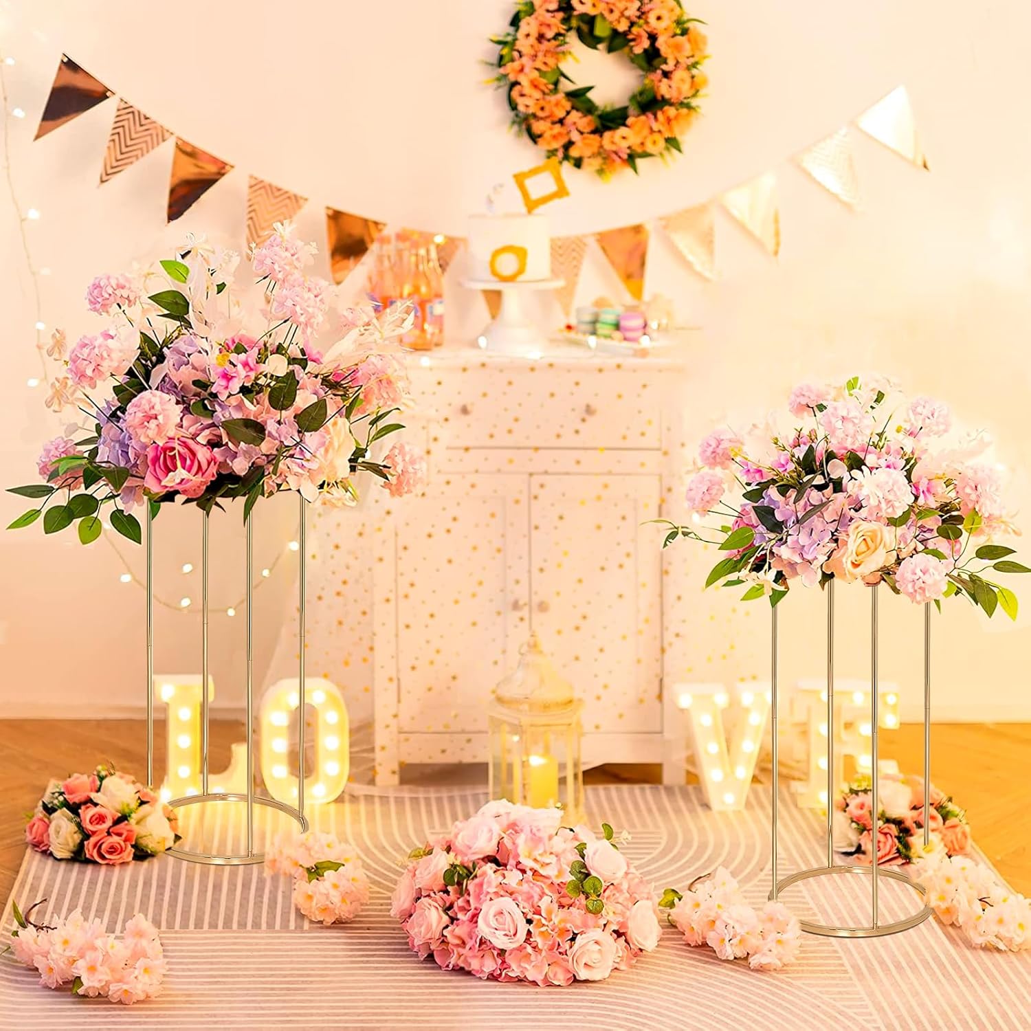 Juego de 2 soportes dorados para flores de boda, juego de 2 jarrones de metal, columna geométrica para mesa de boda, centros de mesa de mesa de 23.4