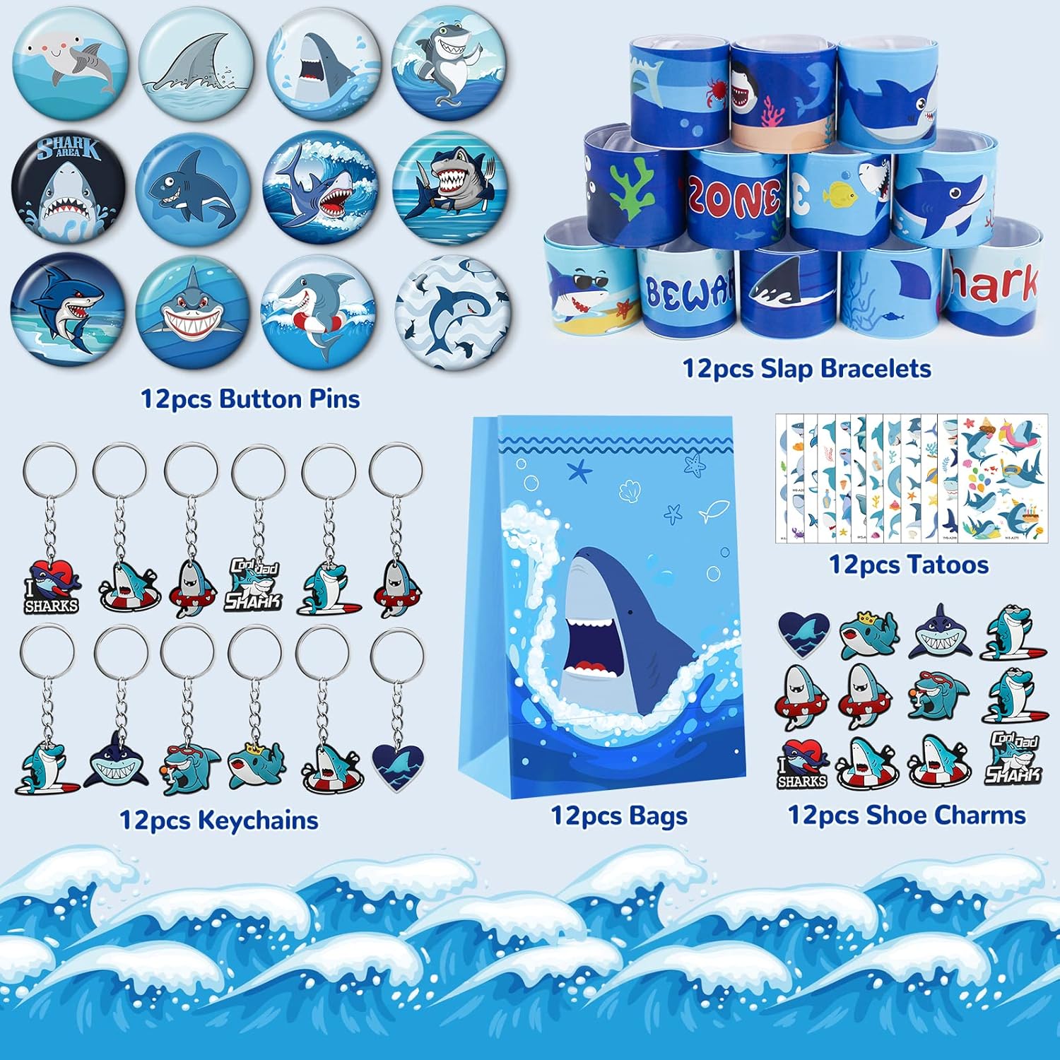 Shark Party Favors, Shark Birthday Party Supplies Serve 12, Include Slap Bracelets, Non-Duplicate Button Pins, Key Chains, Shoe Charms, Temporary