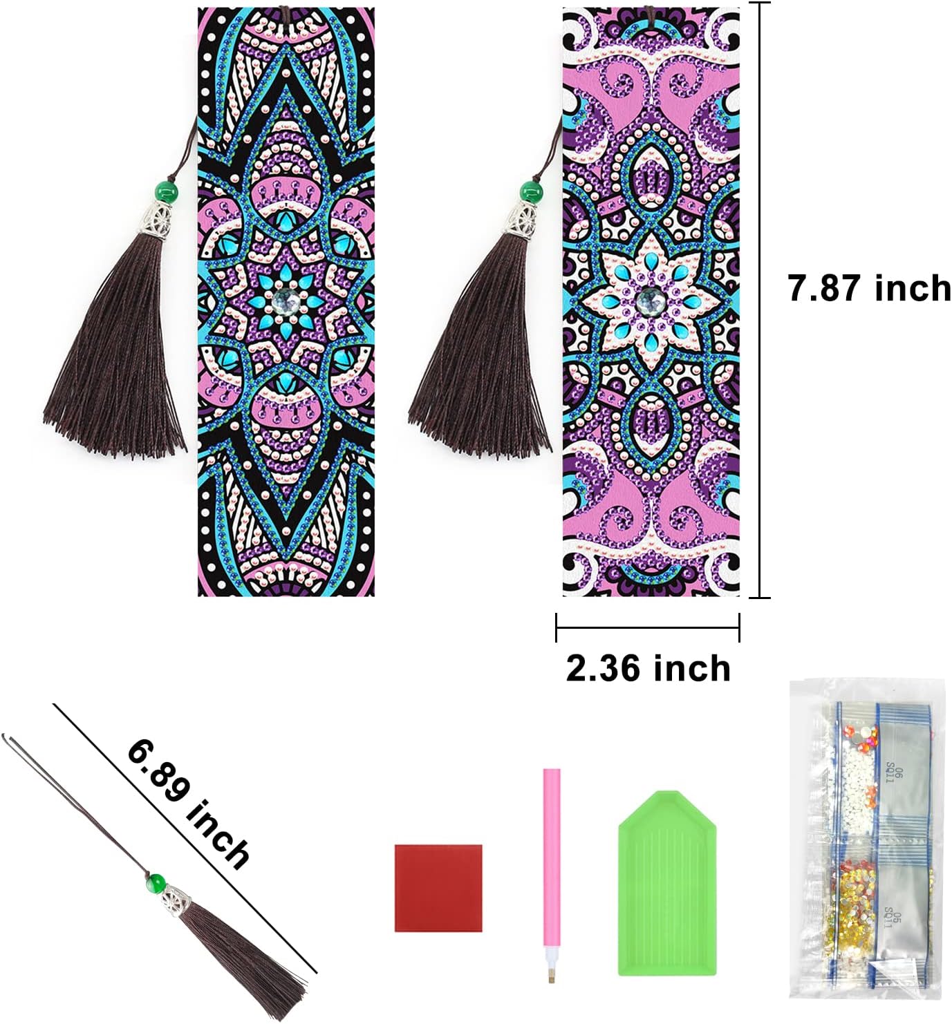 FuninCrea 2 marcapáginas de pintura de diamante con borla, de piel sintética, kit de marcadores de diamantes para manualidades florales, puntos 5D,