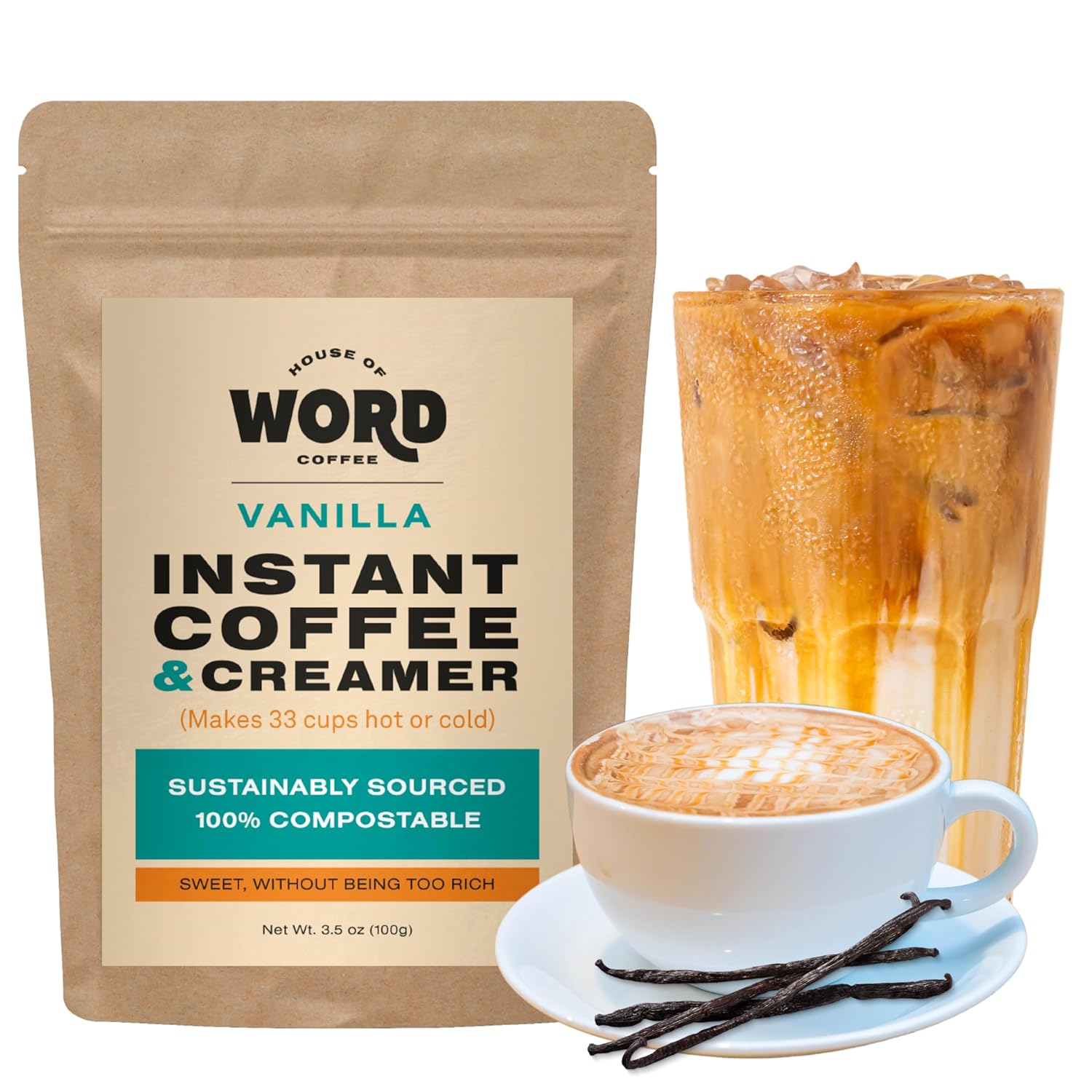 Word Arabica – Café instantáneo con crema, vainilla tostado medio, café natural caliente o helado, paquete compostable de origen responsable, 33