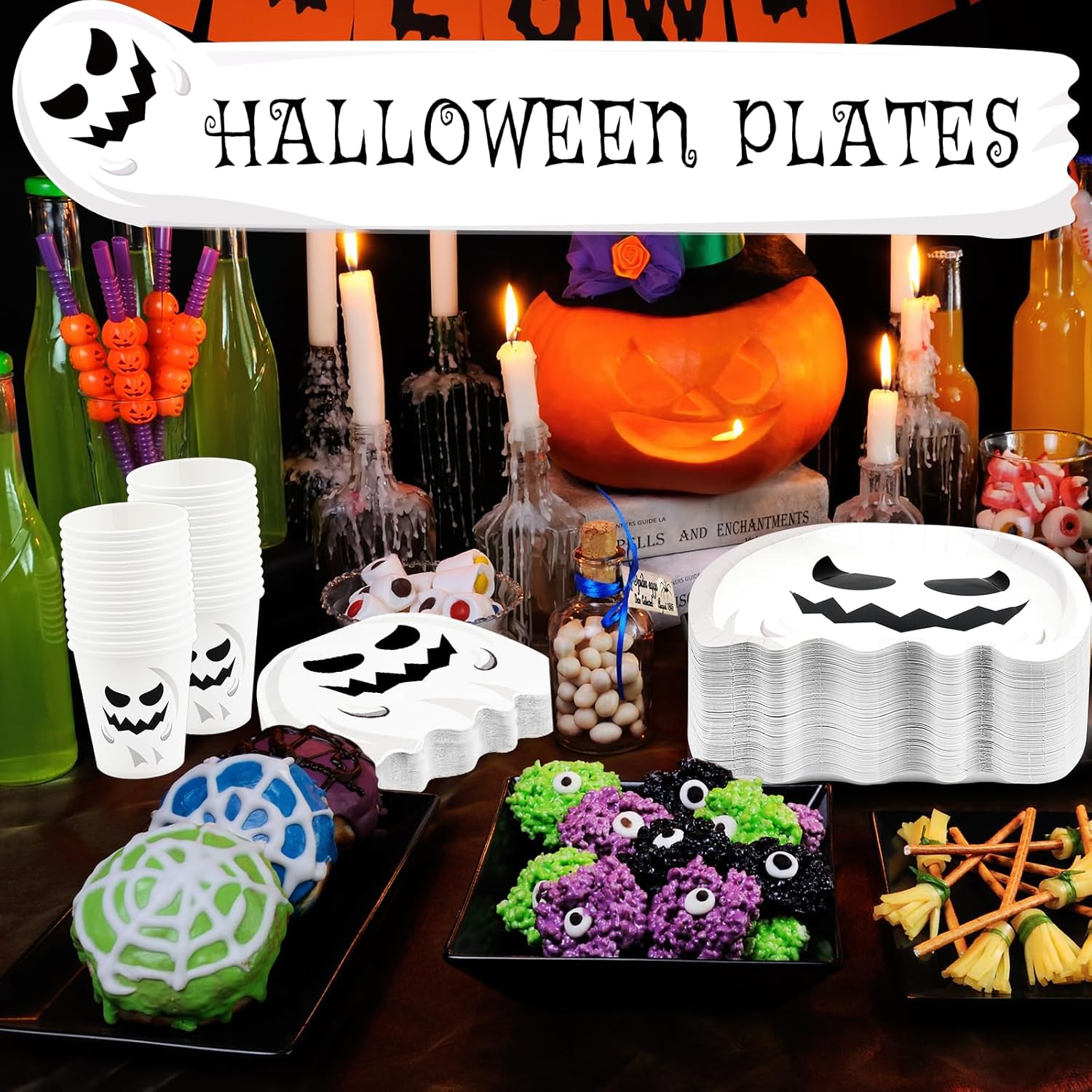 200 platos y servilletas de Halloween, suministros para fiesta, fantasma, papel desechable, cena, postre, aperitivo, cubiertos, juegos de vajilla