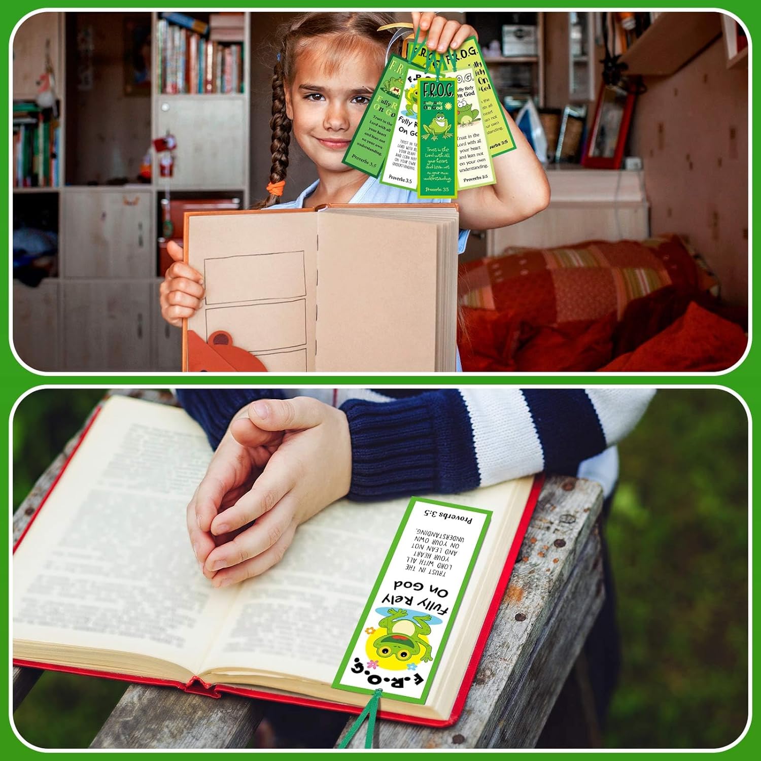 60 marcapáginas con texto en inglés “Rely On God Frog” F. R. O. G. Cristiano con versículos bíblicos, regalo para niños, marcadores inspiradores