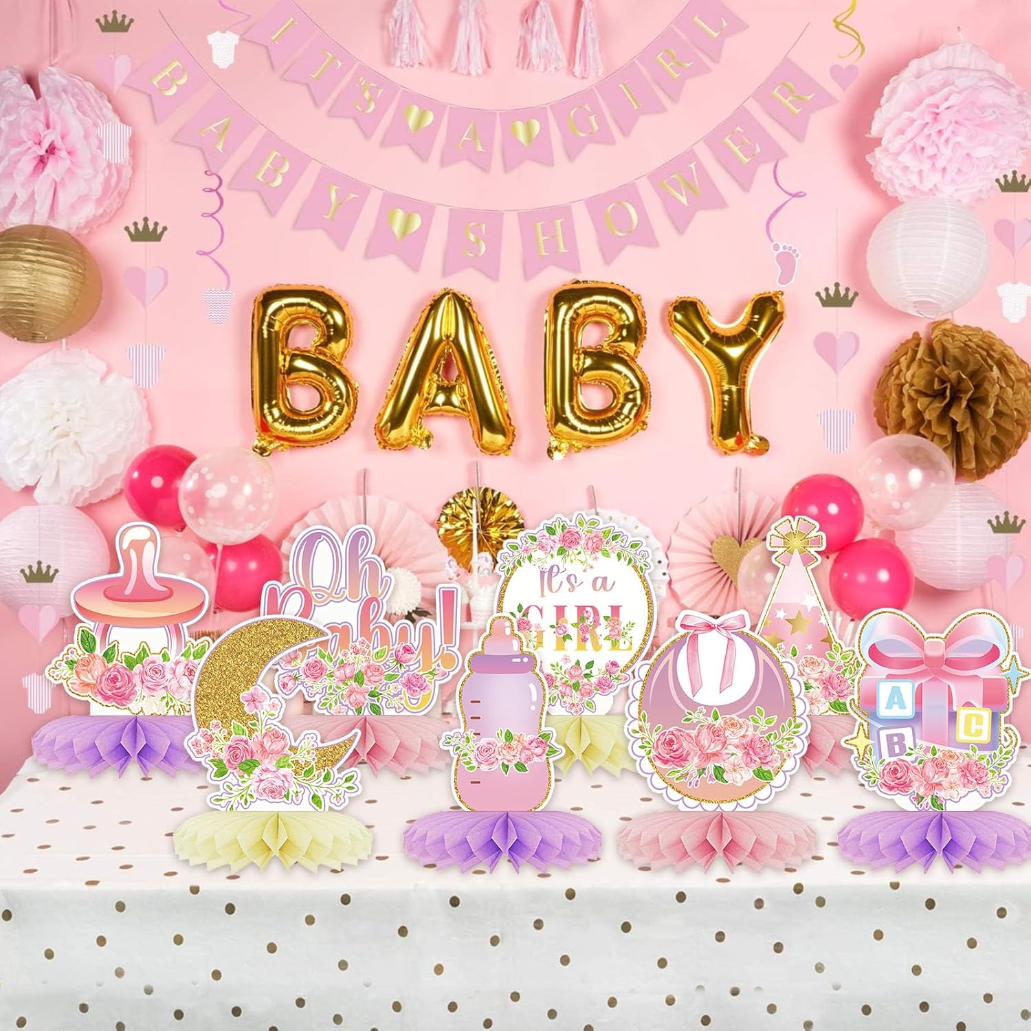 12 centros de mesa de nido de abeja para baby shower, decoración de fiesta para niñas, diseño floral de oro rosa rosa con texto en inglés “It’s a