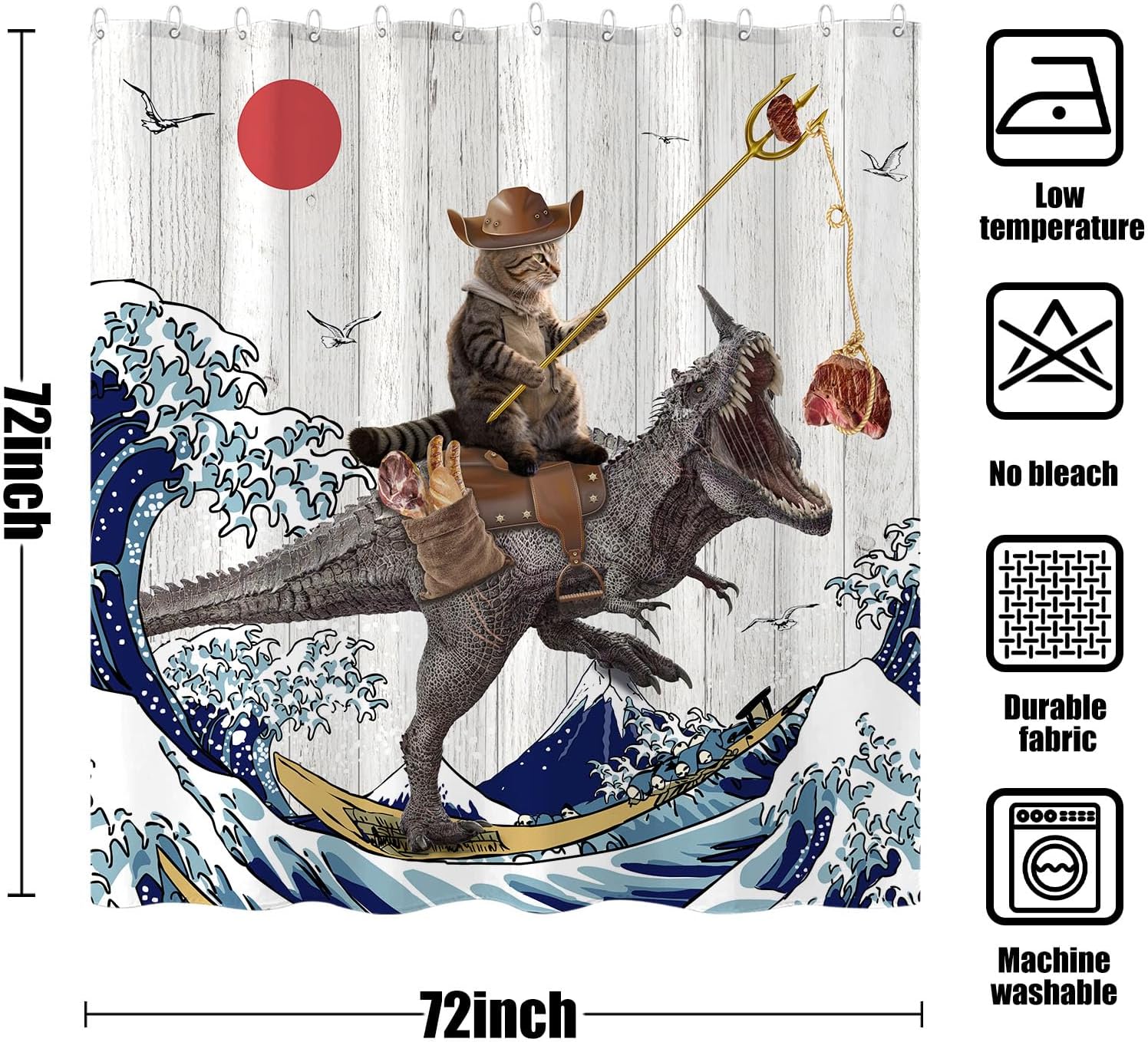 Fowocu Divertida cortina de ducha de dinosaurio con diseño de gato japonés con ondas oceánicas, cortinas de ducha de tela impermeable para baño de
