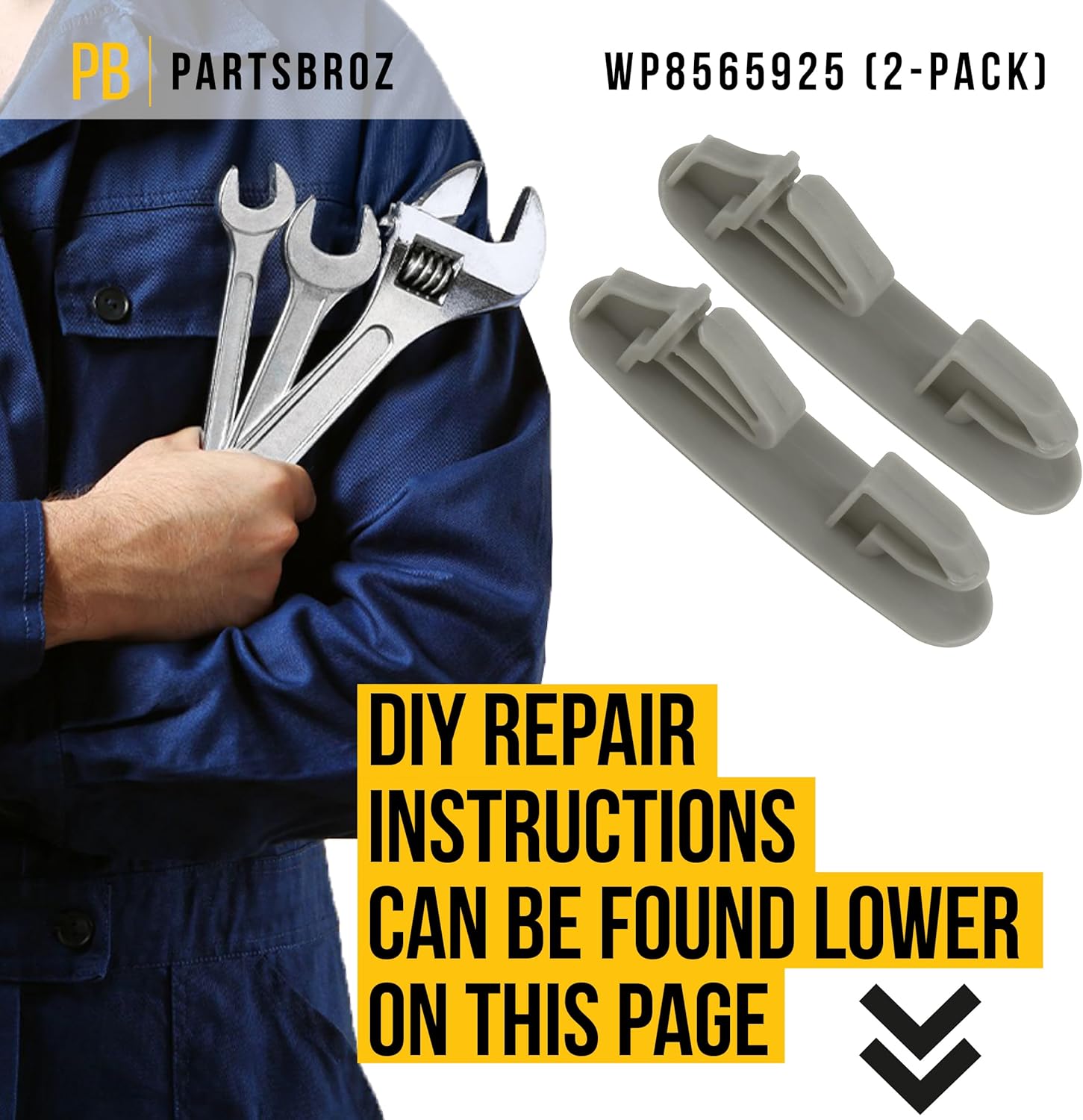 PartsBroz WP8565925 – Tope de riel para rack compatible con lavavajillas Whirlpool Kenmore KitchenAid Maytag, sustituye a AP6013365 8565925 8270105