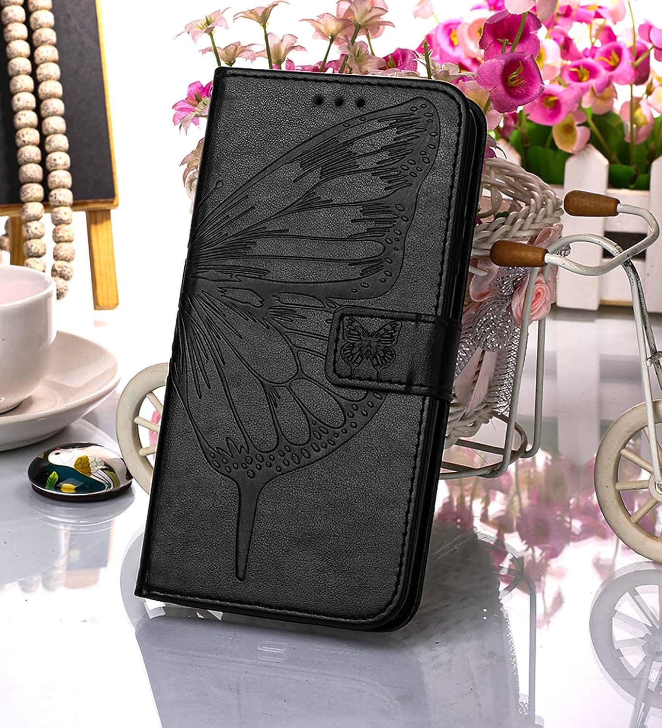 Funda compatible con Motorola Edge 2021, función atril, correa de muñeca, ranuras para tarjetero, diseño floral de mariposa, funda de piel sintética