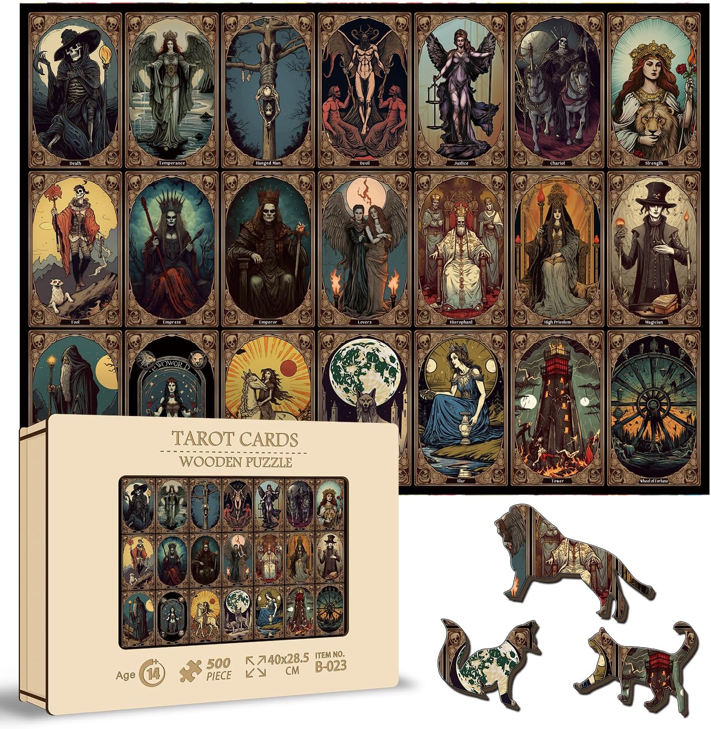 PICKFORU Rompecabezas de madera de terror para adultos, cartas de tarot aterradoras, rompecabezas de 500 piezas con forma única, rompecabezas de
