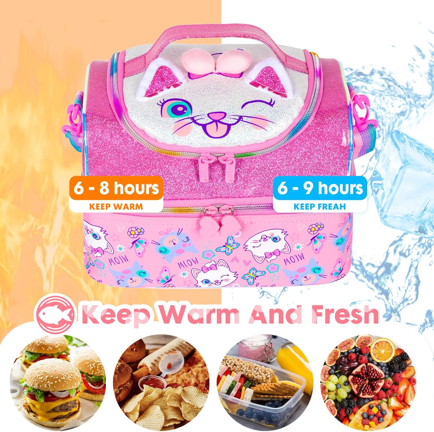 Bolsa de almuerzo aislada de dos pisos para niños, niñas, hombres, mujeres, con correa ajustable, gato