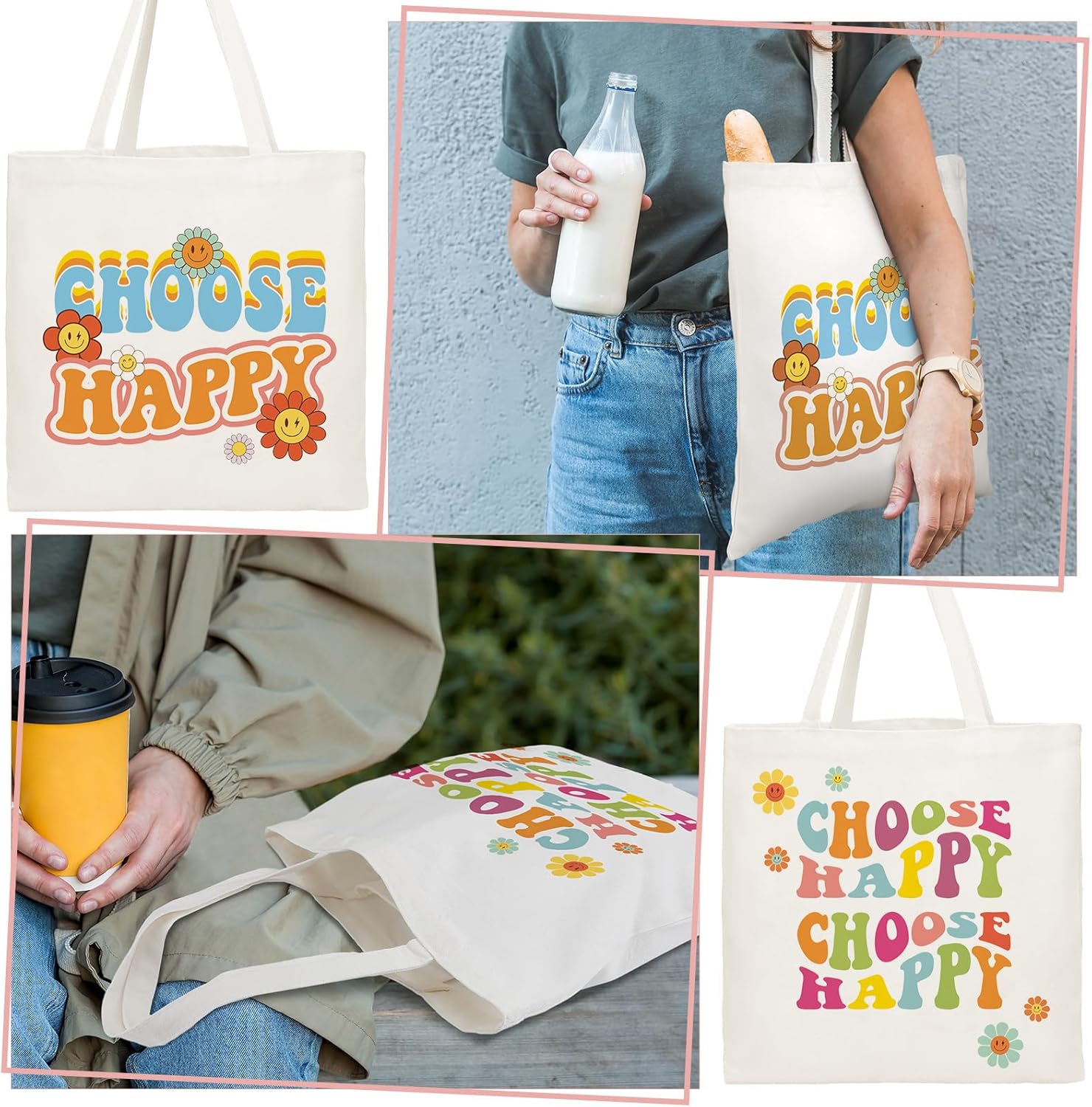 6 bolsas de lona estéticas para mujeres y niñas, bolsas de playa, reutilizables, bolsas de hombro para comestibles, regalos inspiradores, Blanco