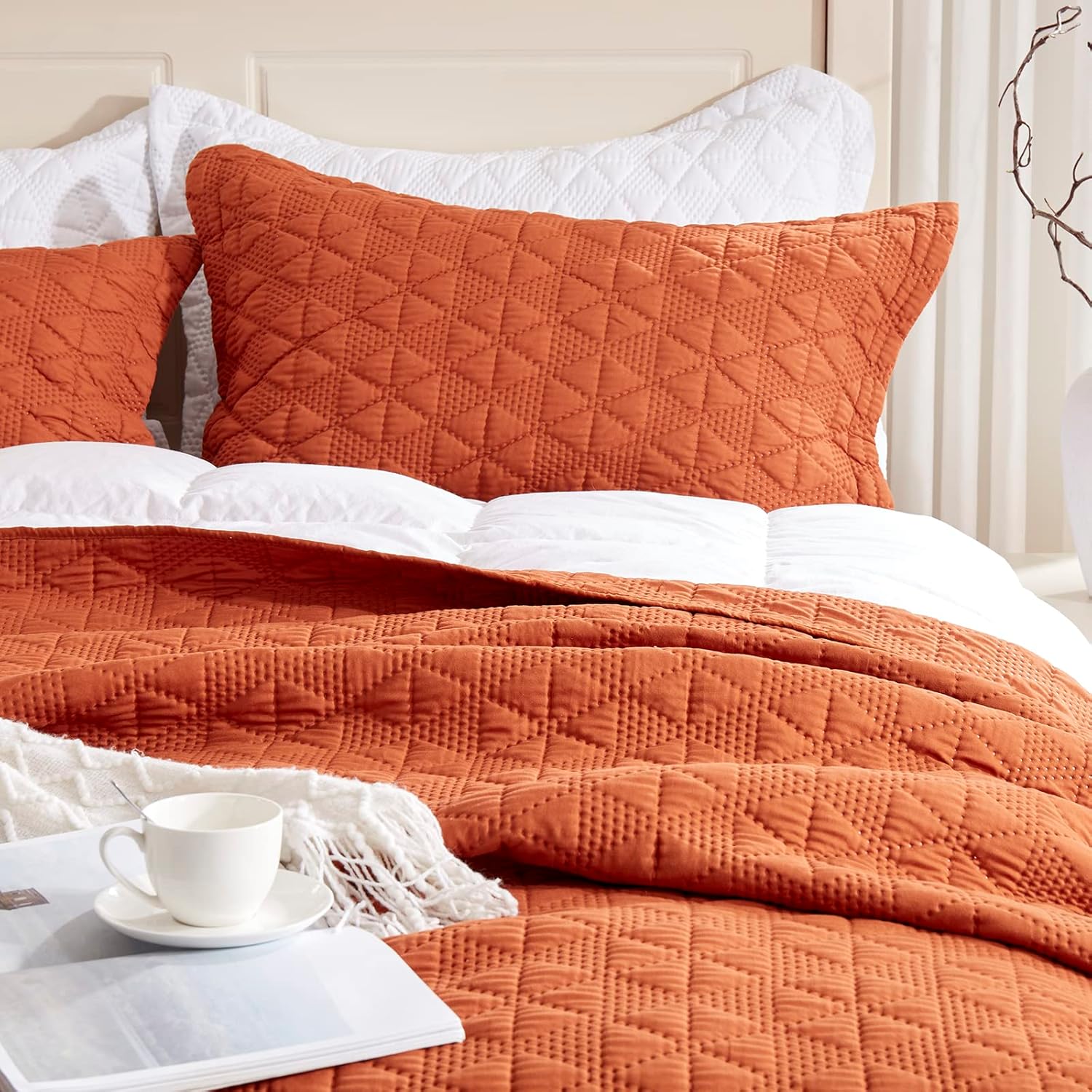 Juego de ropa de cama de 3 piezas de color naranja quemado, colcha ligera de verano, 90 x 98 pulgadas, lujosa colcha de microfibra ultrasónica 3D
