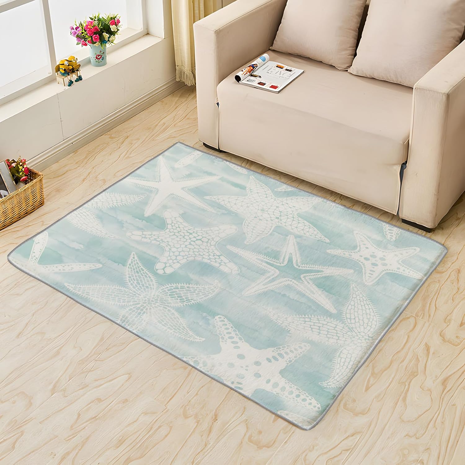 ZDABAOEC Alfombra de estrella de mar, alfombra de 6 x 6 pies, alfombra de área costera del océano para dormitorio, sala de estar, alfombra cuadrada