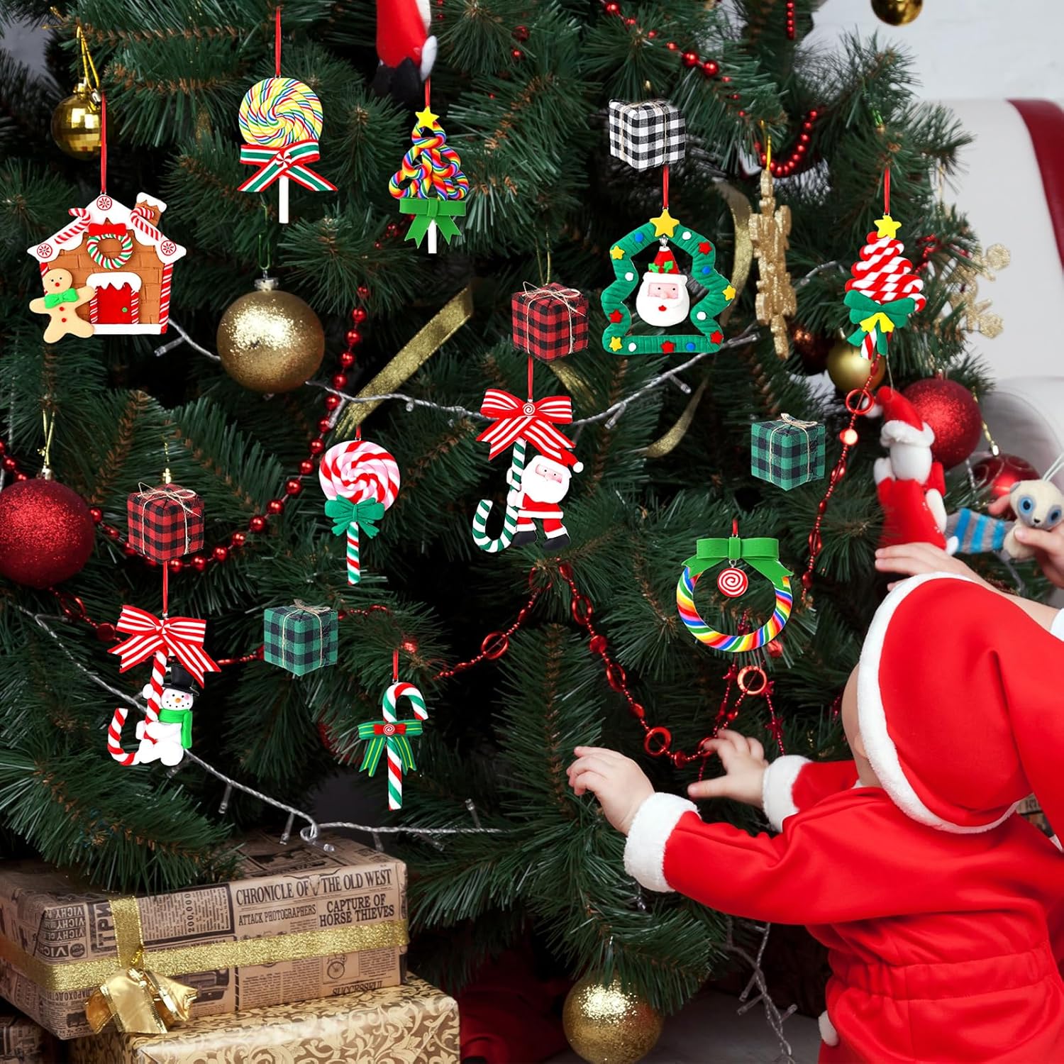 32 adornos de piruleta de Navidad, 16 paletas de arco iris, adornos colgantes de caramelos de Navidad, adornos de arcilla polimérica para decoración