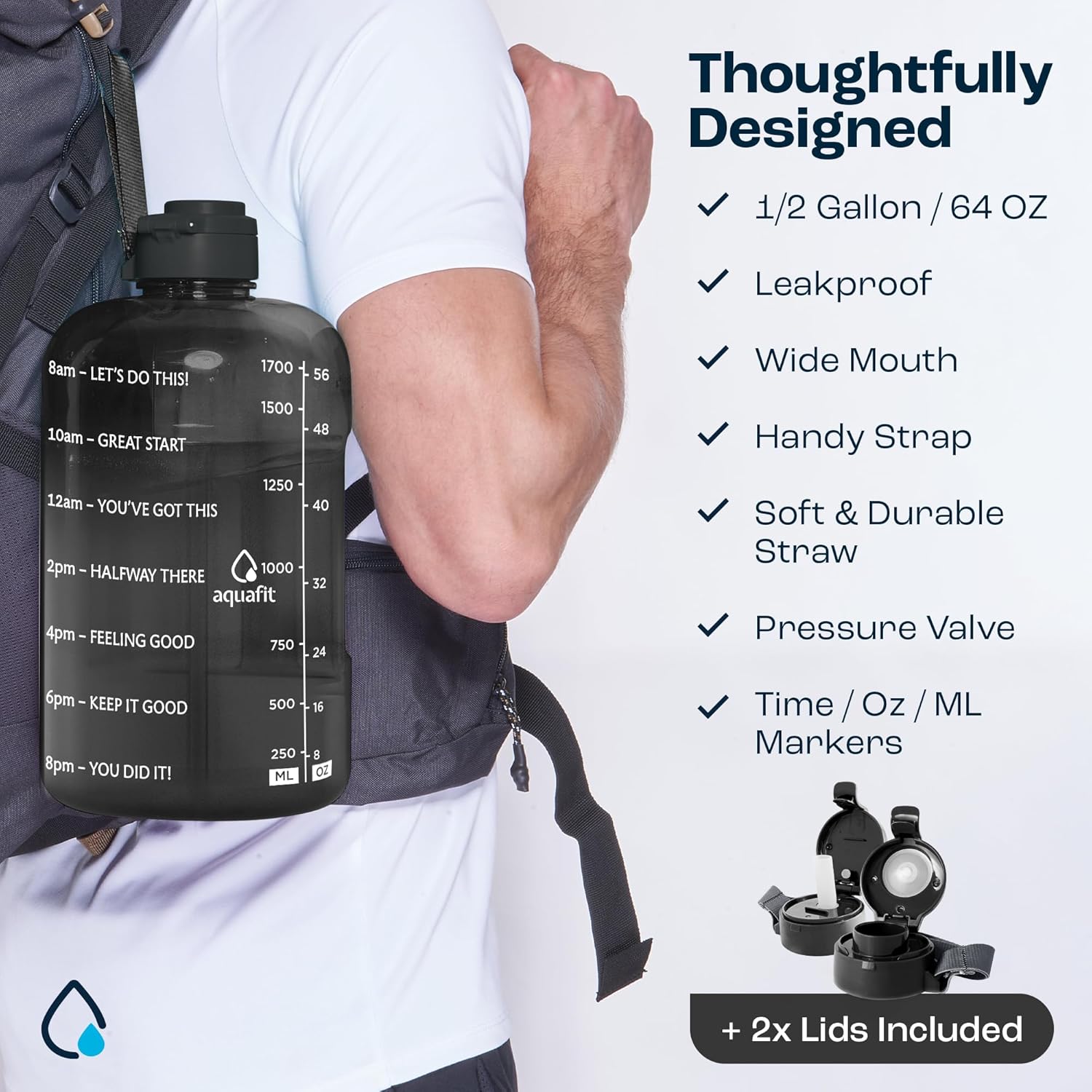 AQUAFIT Botella de agua de medio galón con popote, botella de agua de medio galón con marcador de tiempo y asa, jarra de agua de galón sin BPA,