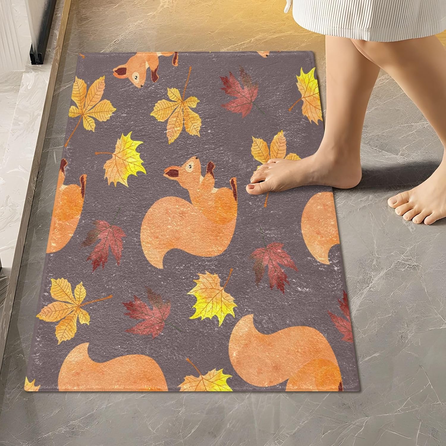 Bathroom Rugs Sets 2 Piece 24×16+24×20 Inch,Soft U-Shaped Contour Toilet Rug Autumn Squirrel Cute Non-Slip Absorbent Bath Floor Mat Carpet Set Water