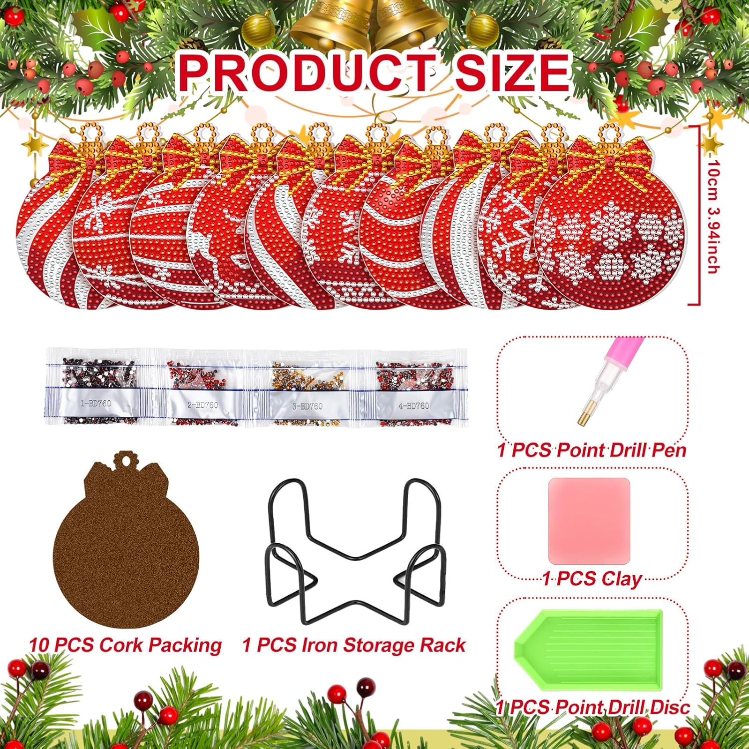 10 posavasos de bola de Navidad con diamantes para manualidades, bola de Navidad, pintura de diamante, posavasos de diamante 5D, posavasos de