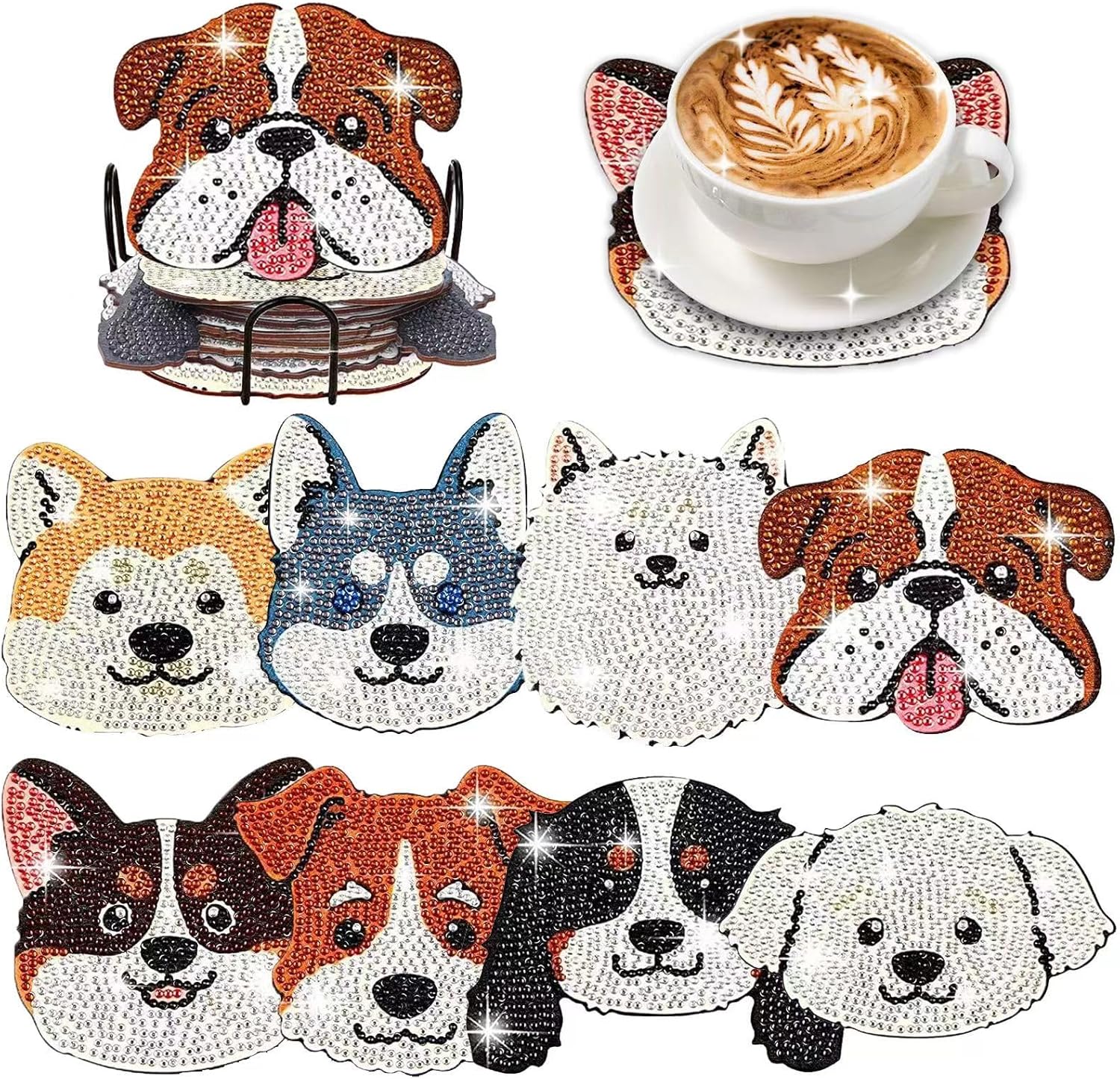 8 posavasos de pintura de diamante en forma de perro para bebidas, kits de pintura de diamantes para perros de mascotas con soporte, posavasos de