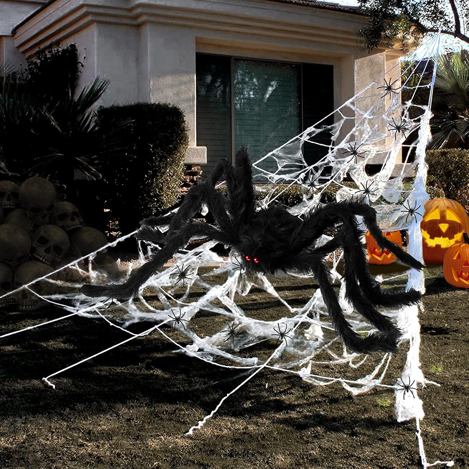 Decoraciones de Halloween para exterior, decoración de telaraña de 295 pulgadas, araña grande de 59 pulgadas, 100 arañas pequeñas, telarañas
