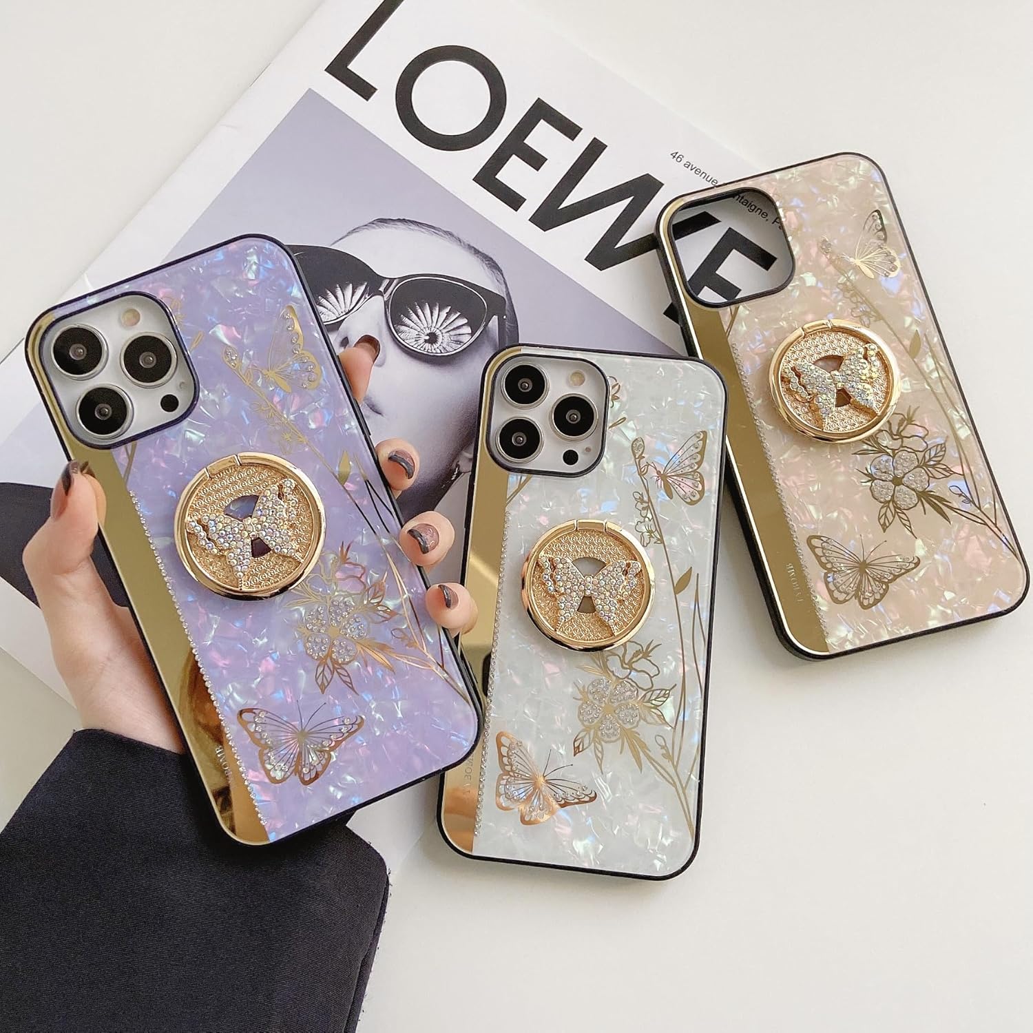 AmazFCCY Funda con función atril para iPhone 15 Pro Max de 6.7 pulgadas, bonita mariposa 3D con diamantes de imitación de lujo con purpurina