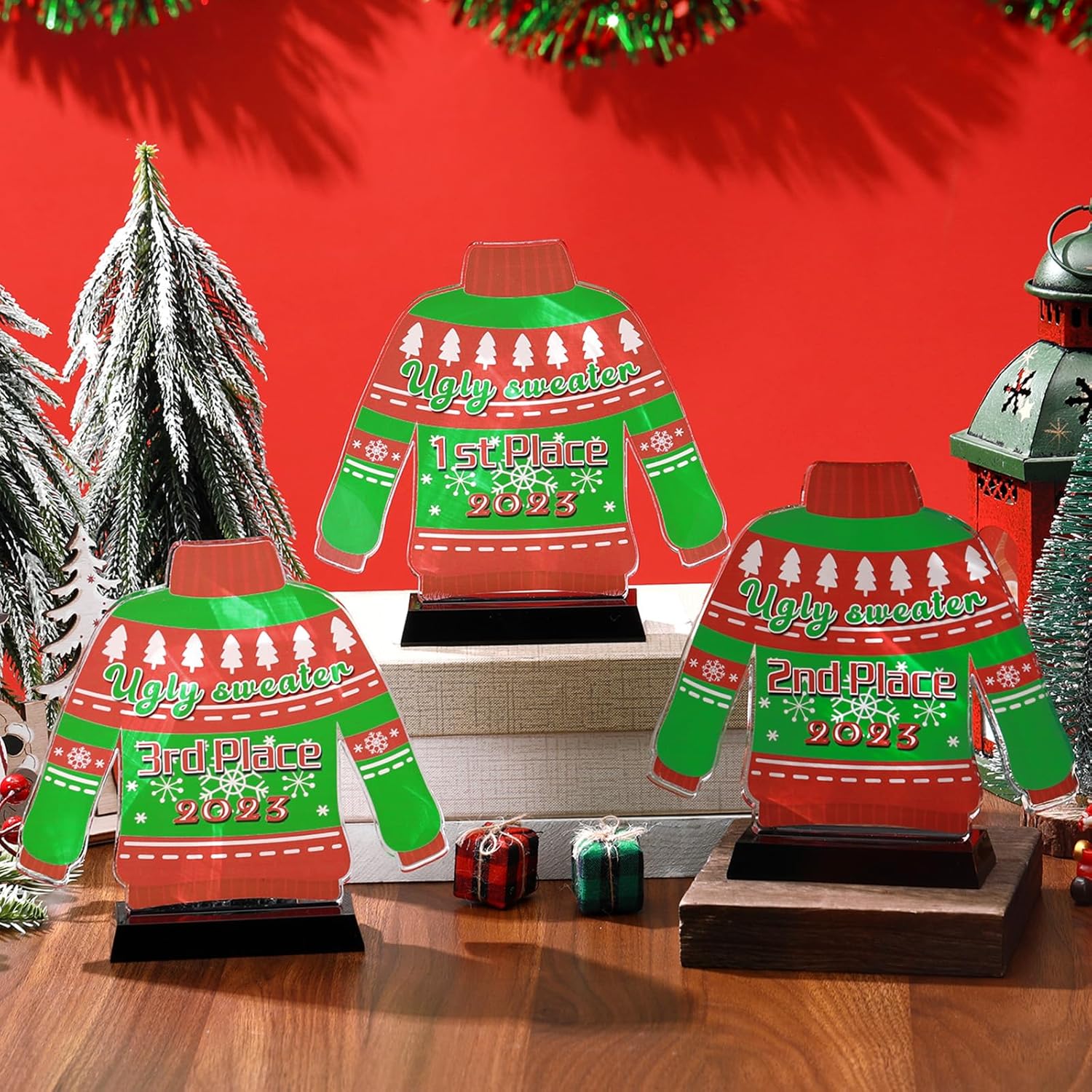 Soaoo Suéter feo de Navidad de 6.7 pulgadas, suéter de Navidad de acrílico de 6.7 pulgadas, premio trofeo para fiesta, trofeo de primer segundo y