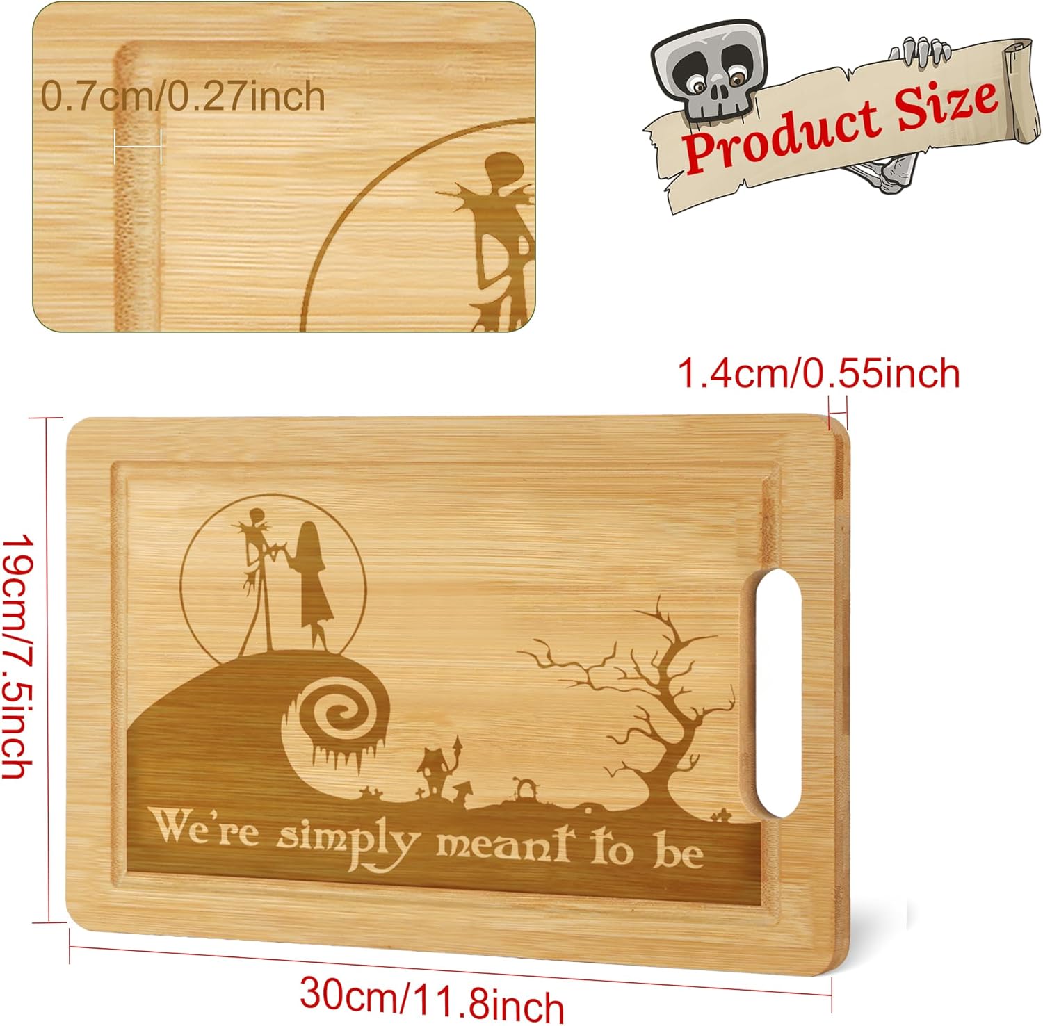 Nightmare – Tabla de cortar de bambú grabada Jack and Sally Bandeja de madera para servir alimentos para cocina, carnicero con asas, ranura para