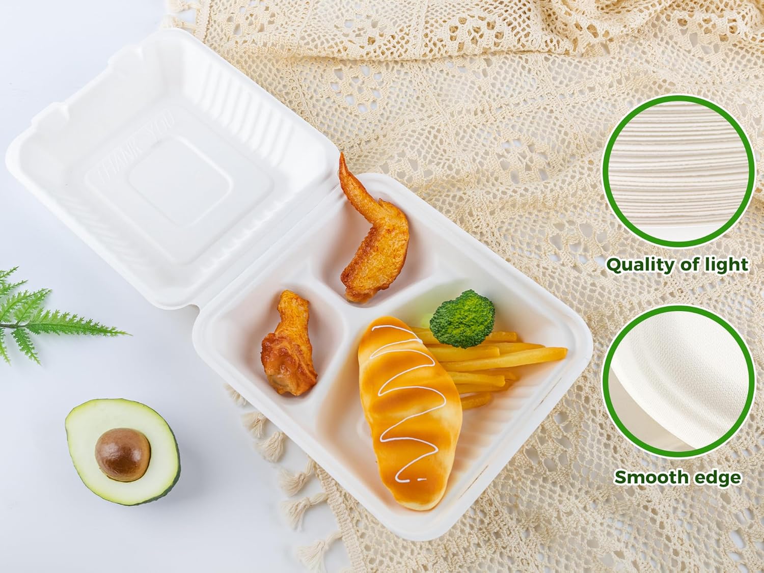 AUEAR, 8 pulgadas, 3 compartimentos paquete de 100, contenedores de alimentos compostables para llevar, cajas para alimentos, contenedor de