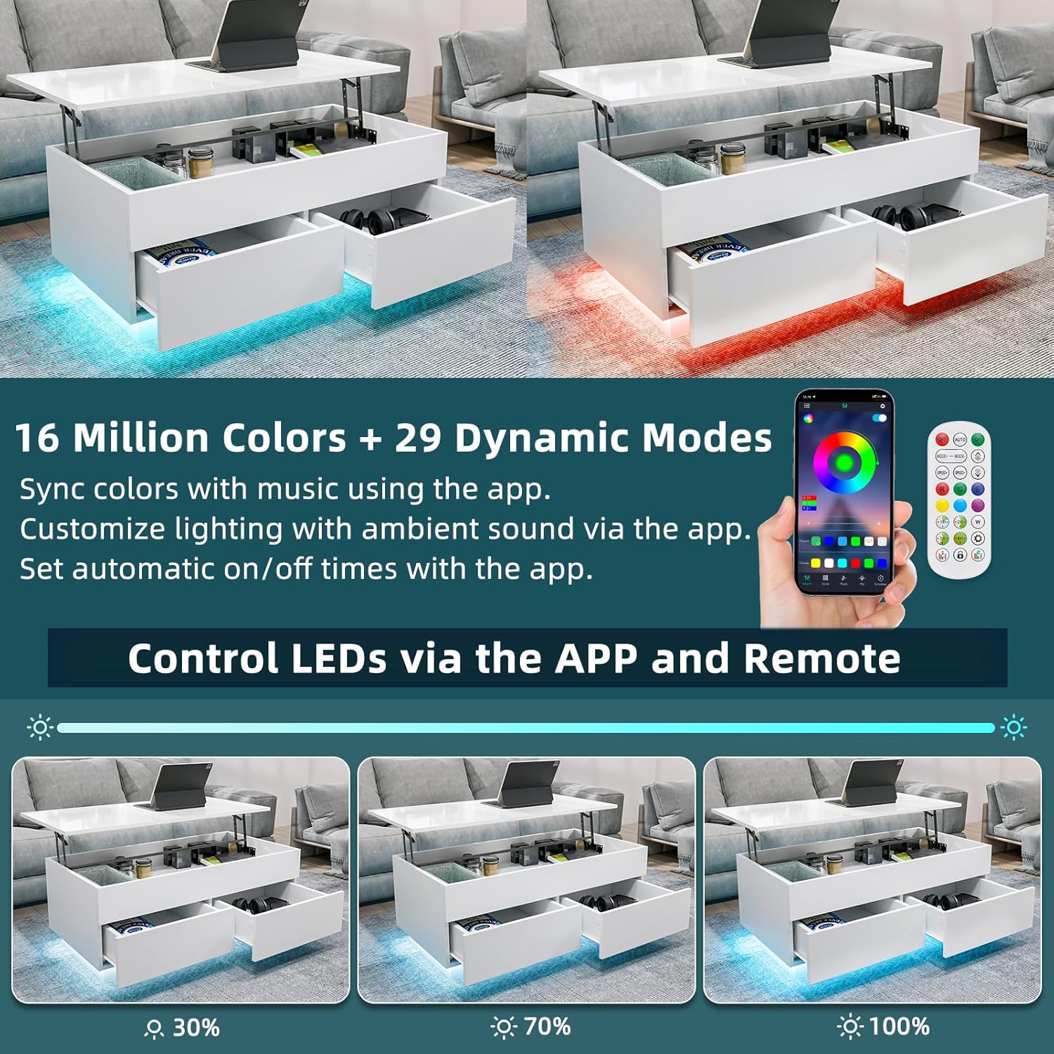 HOMMPA Morden – Mesa de centro elevable con almacenamiento oculto, mesa de centro LED de alto brillo, mesa de té de 3 niveles con mesas centrales de