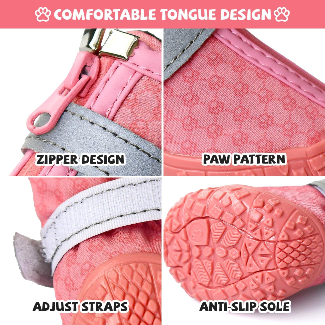 Zapatos rosas para perros pequeños, botas antideslizantes para perros con tiras reflectantes, protectores de patas de cachorro para exteriores,