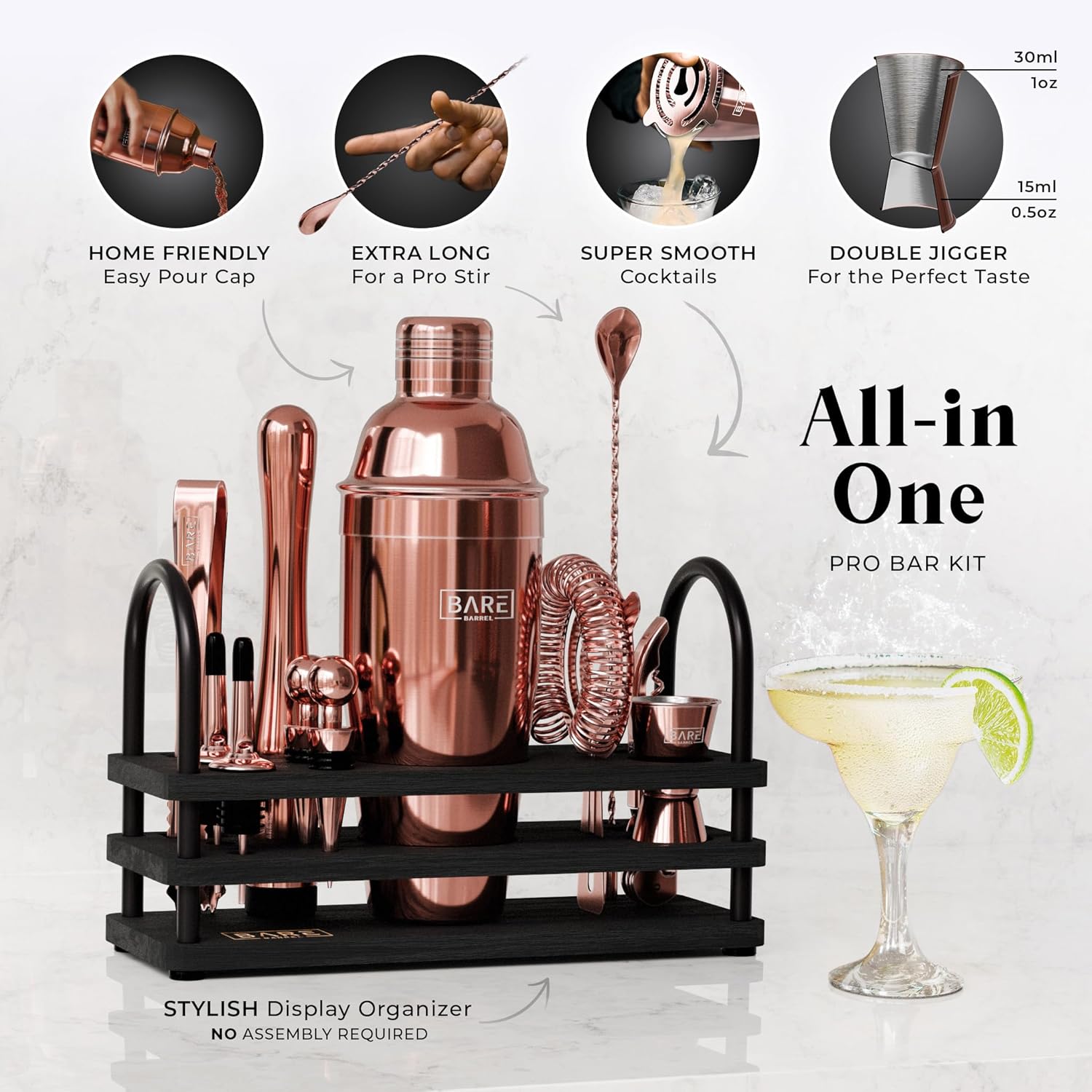 Mixology – Kit de barman de oro rosa  Juego de coctelera para el hogar  Juego de coctelera de Martini  Kit de cóctel Kit de bar, kit de barman, kit