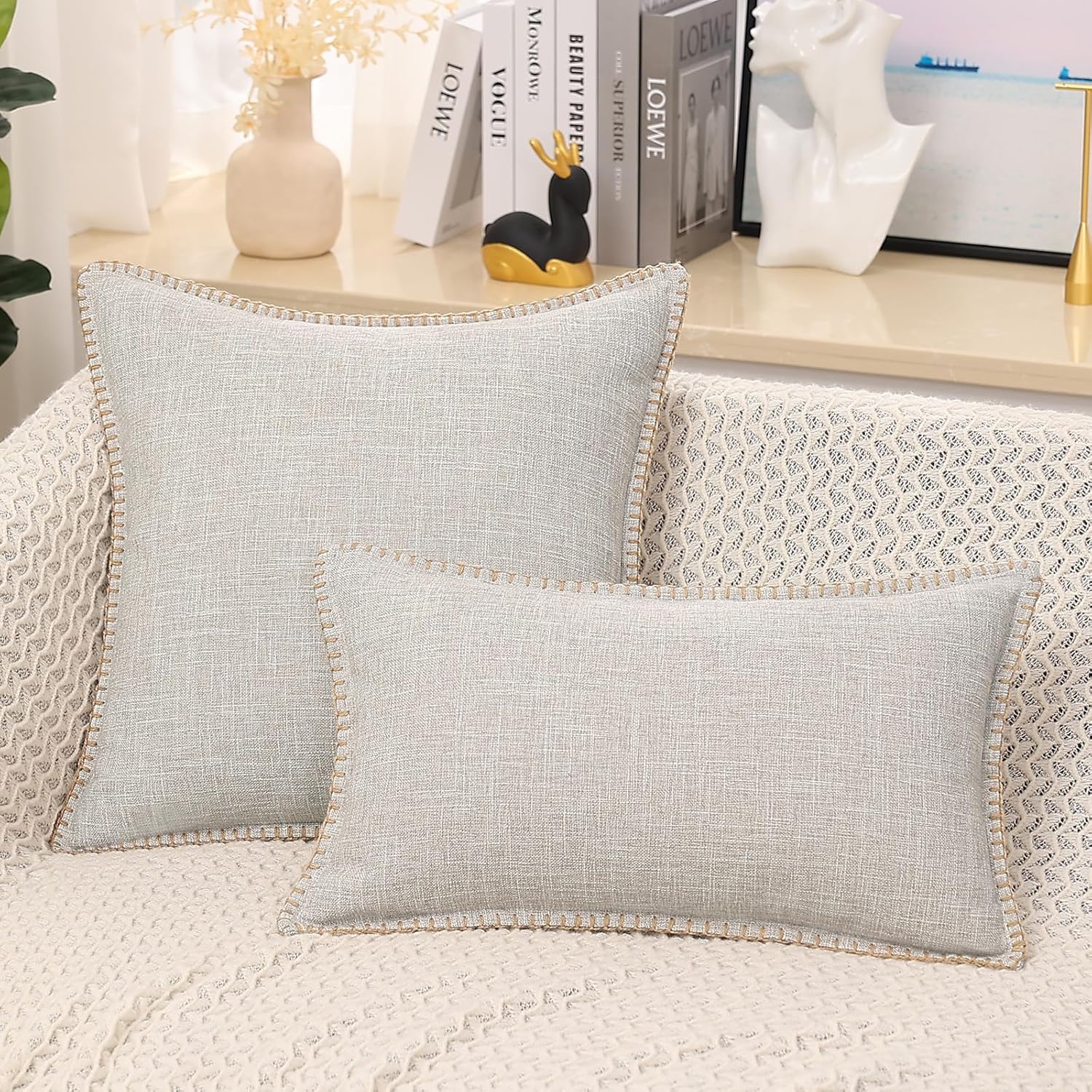 decorUhome Juego de 2 fundas de almohada decorativas para exteriores de 22 x 22 pulgadas, fundas cuadradas de lino con borde cosido, fundas rústicas