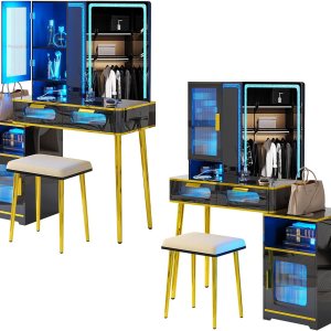 FOMNEY Escritorio LED con espejo y luz, escritorio de maquillaje con estación de carga 3 en 1, juego de tocador con taburete tapizado, mesa de FOMNEY Escritorio LED con espejo y luz, escritorio de maquillaje con estación de carga 3 en 1, juego de tocador con taburete tapizado, mesa de