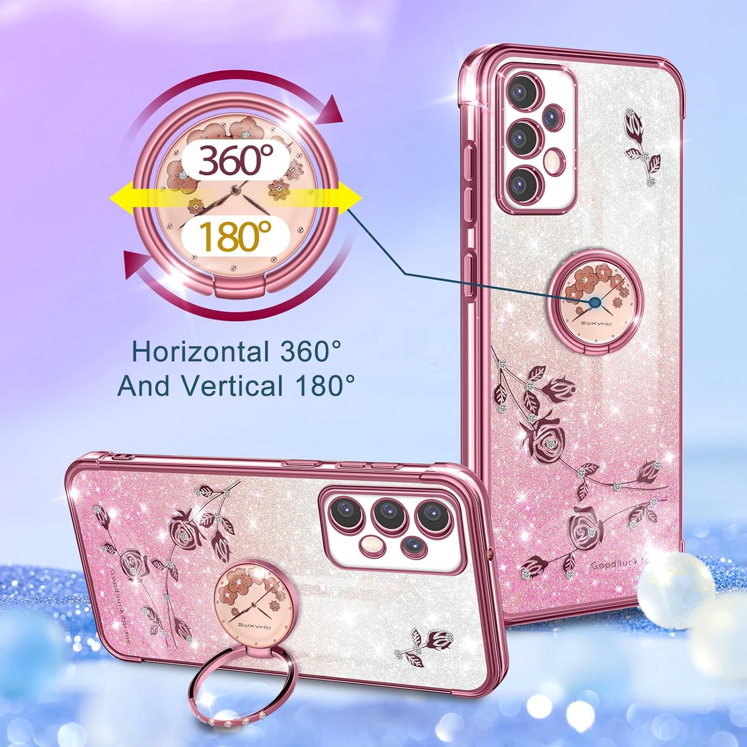 Coralogo Funda 3 en 1 para teléfono Samsung Galaxy A53 5G con purpurina brillante para mujeres y niñas, cubierta brillante con bonito diseño floral