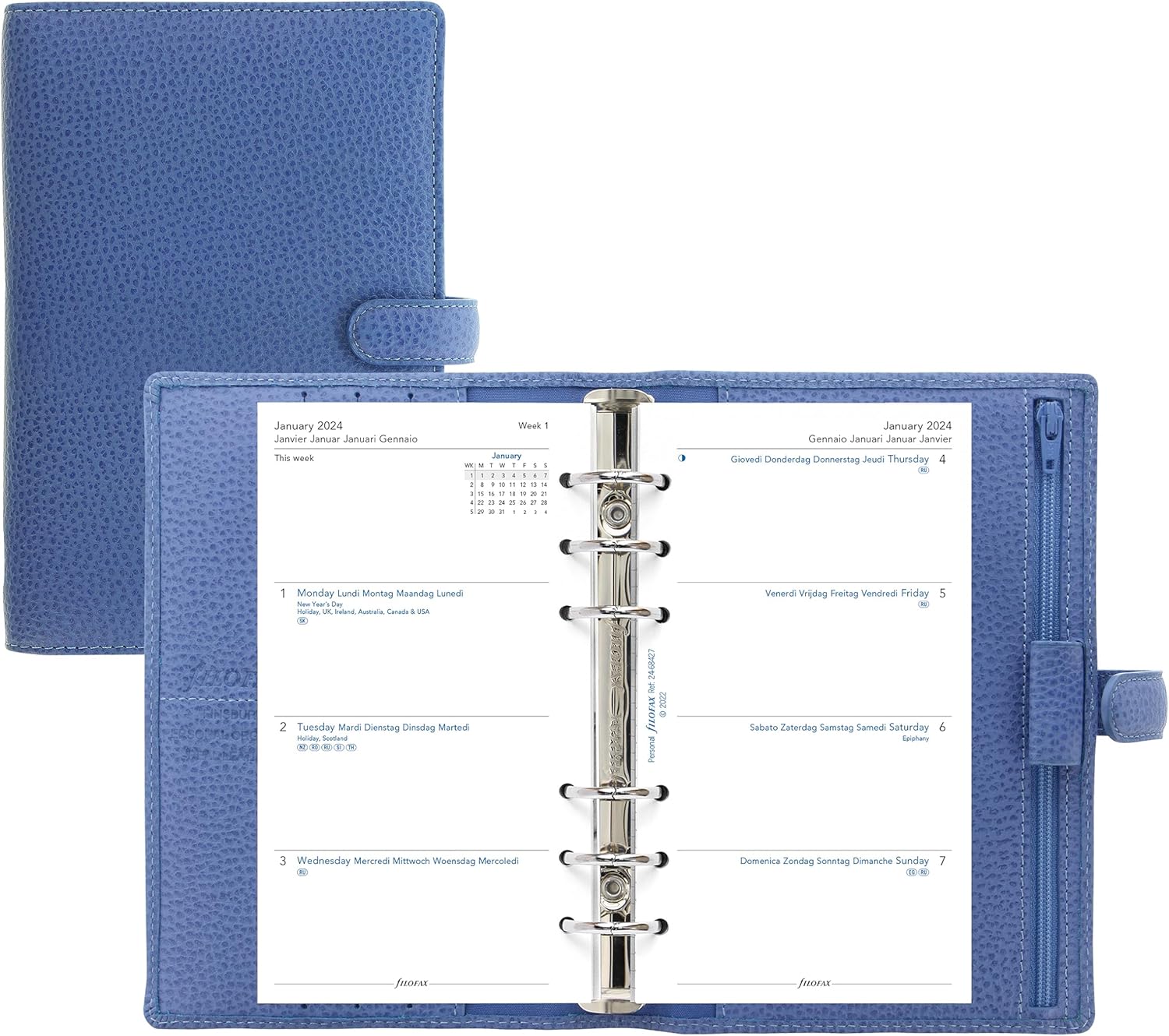 Filofax Finsbury – Organizador de tamaño personal, color azul Vista – Cuero granulado tradicional, seis anillos, calendario semanal para ver,