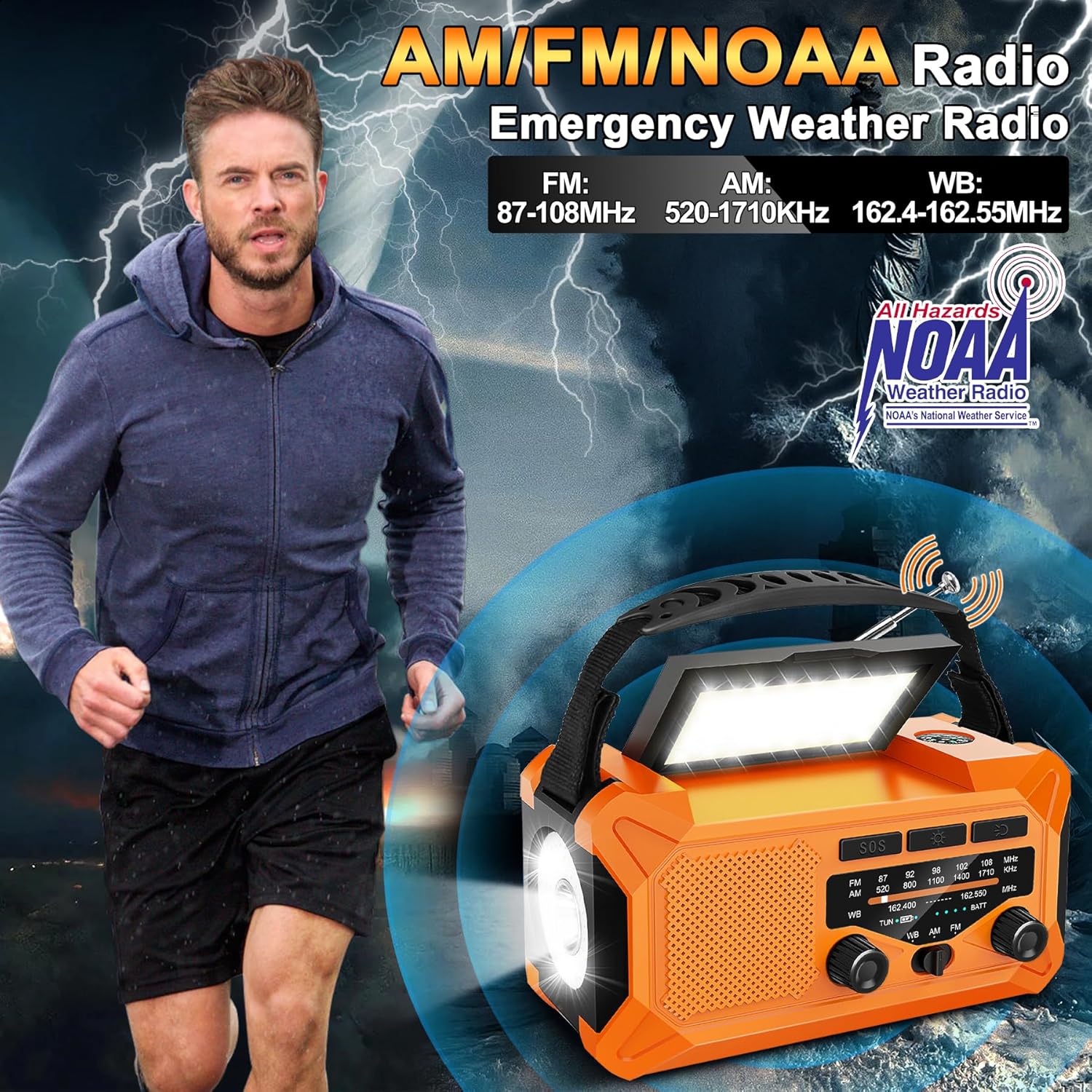 Radio meteorológica de emergencia de 10000 mAh con carga solar, manivela y carga tipo C, radio portátil AMFMNOAA, linterna LED, brújula de lámpara
