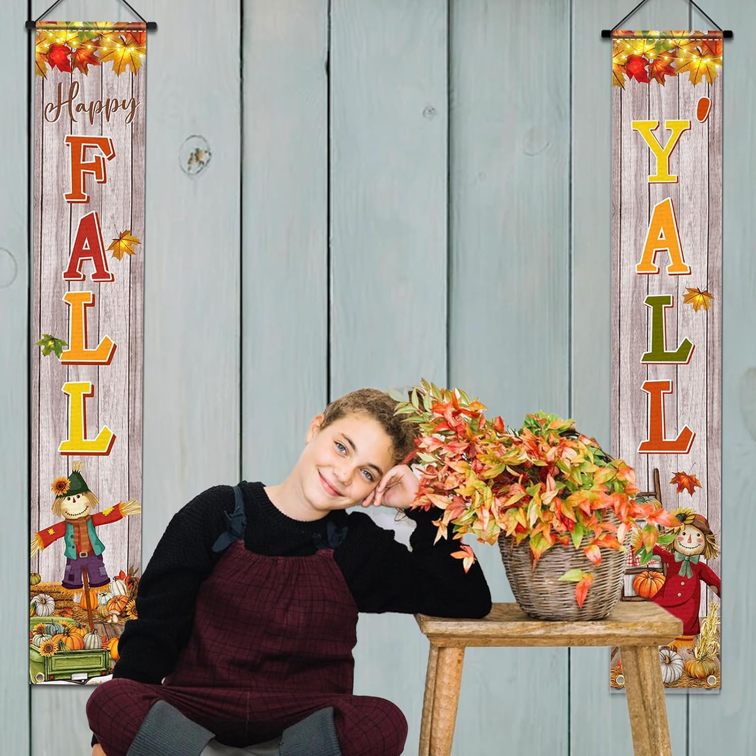 Cartel colgante de Acción de Gracias para el porche con texto en inglés “Happy Fall Y’all”, decoración de fiesta, espantapájaros, calabaza, cosecha
