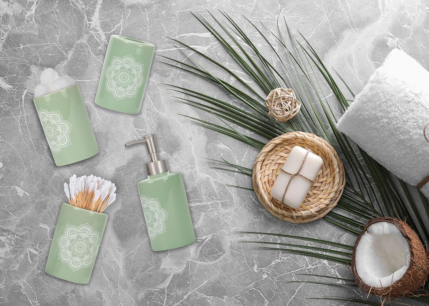 NAT & Jules Chic – Juego de 4 accesorios de baño de cerámica redondeados modernos de 4.5 pulgadas, decoración y organización del hogar, perfectos