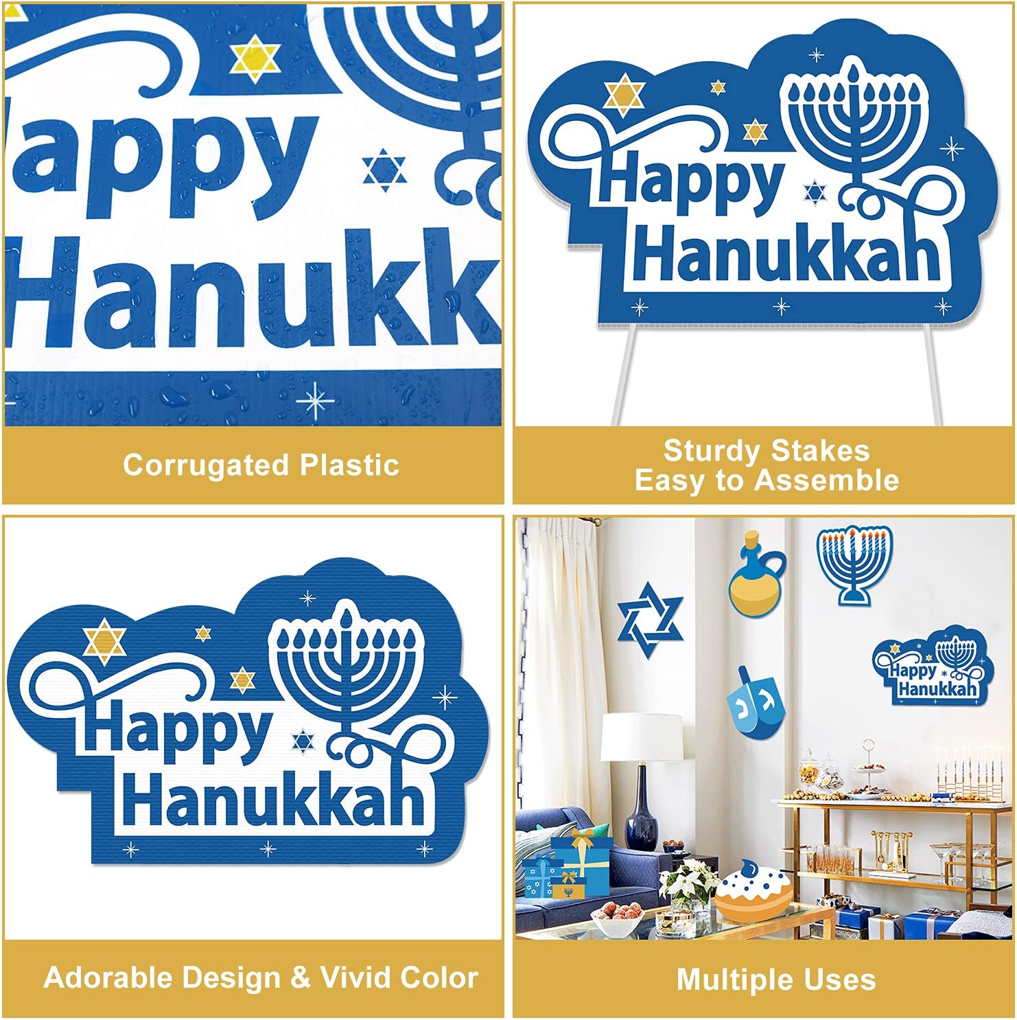Letreros de Hanukkah con estacas Happy Hanukkah, decoraciones de patio de vacaciones de invierno, decoración de césped al aire libre, decoración de