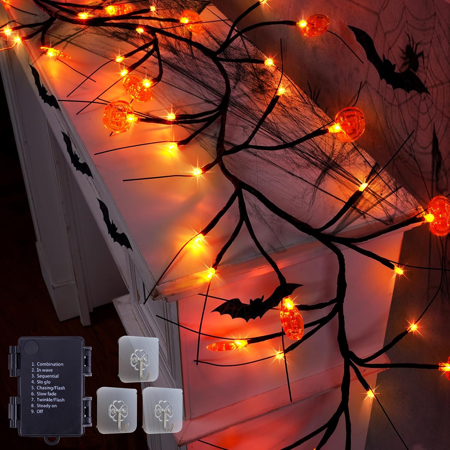 Guirnalda de Halloween de 6 pies con 54 luces LED con luces de sauce y vid de calabaza con temporizador, 8 modos, impermeable, naranja, luces de