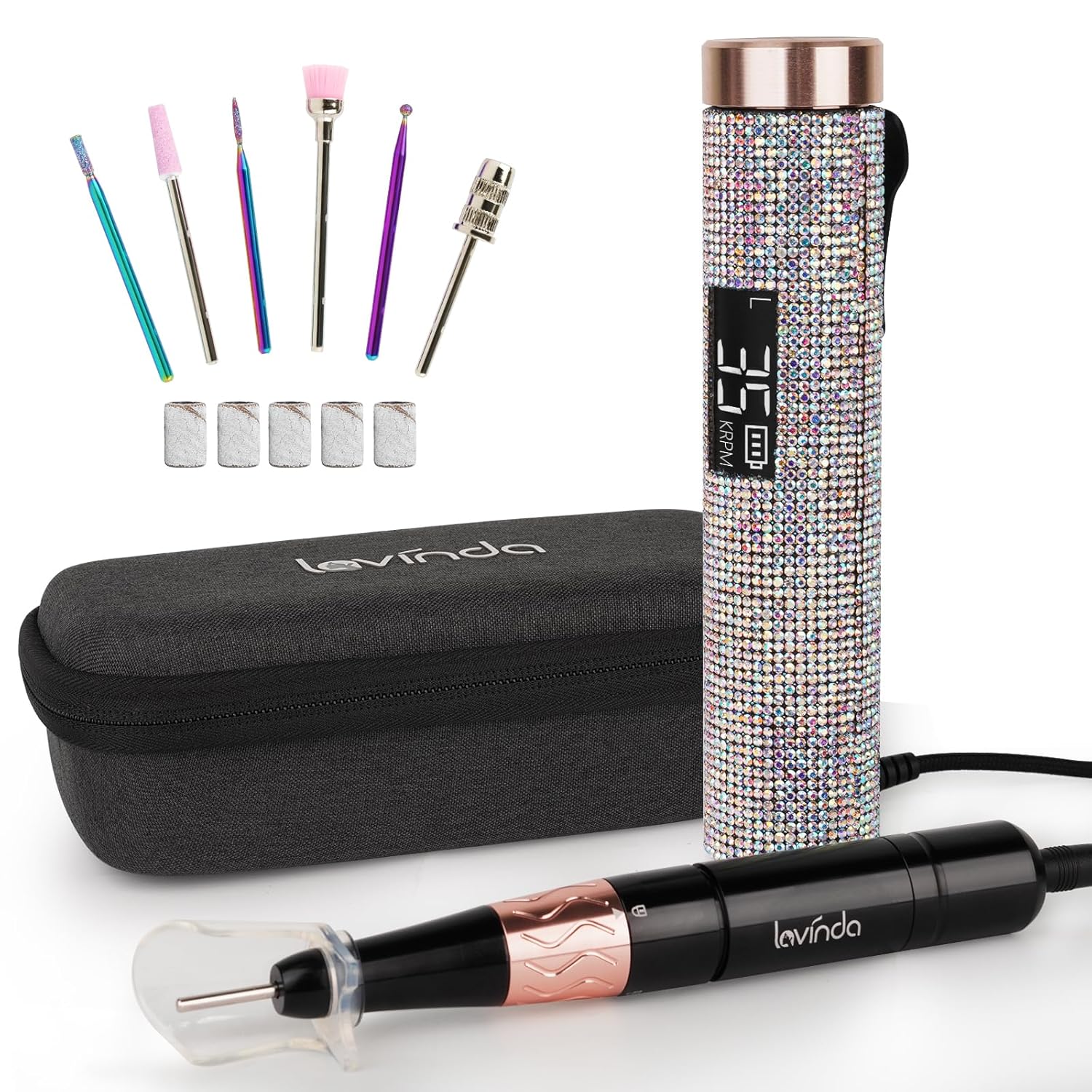 Lavinda Diamond Serise – Lámpara de uñas inalámbrica con diamantes de imitación brillantes, 35000 rpm, taladro de uñas portátil eléctrico profesional