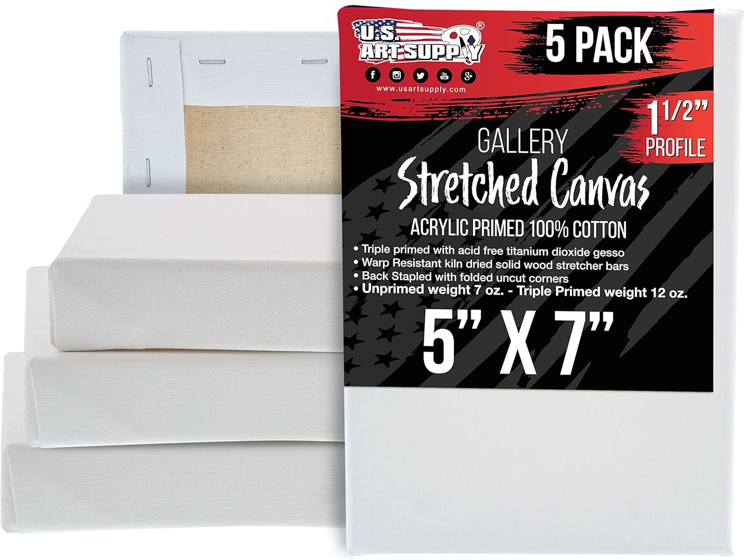 U.S. Art Supply Lienzos estirados de perfil de 1-12 pulgadas de profundidad de galería, 5 x 7 pulgadas, paquete de 5  imprimación triple de gesso
