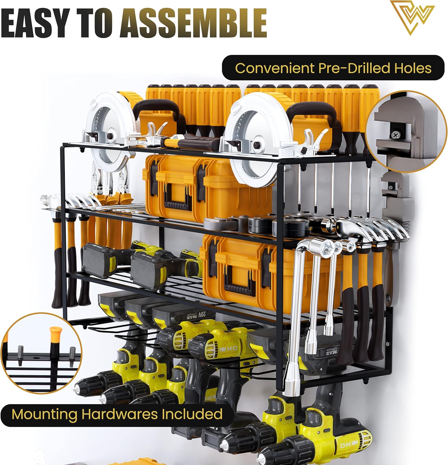 Organizador grande de herramientas eléctricas, soporte de pared con 4 capas, 7 soportes para taladros, estante organizador de herramientas de alta