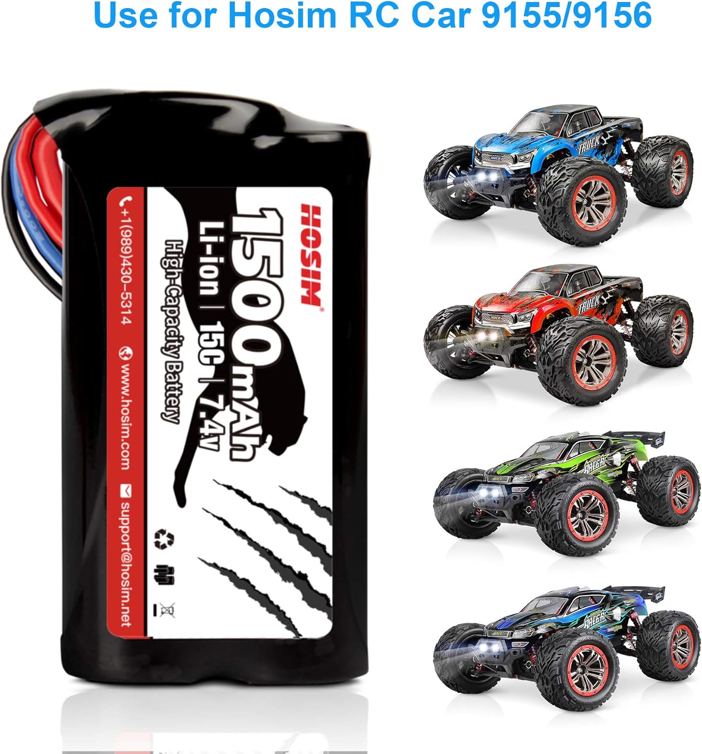 Hosim Paquete de batería recargable de iones de litio de 7.4V 1500mAh 15C con conector T para RC Evader BX Car 12401 12402 RC Truck 9155 RC Truggy