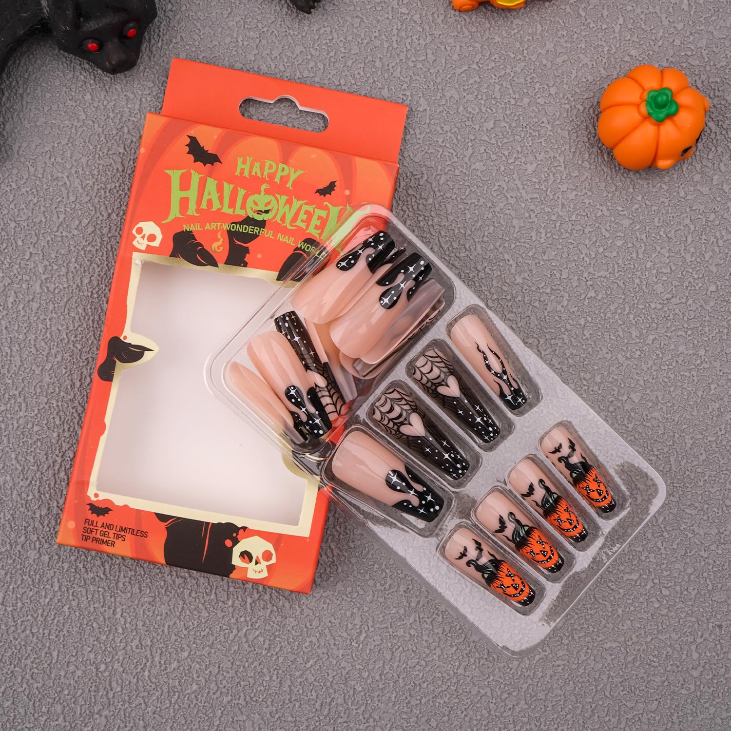 Pufandor Uñas postizas largas a presión para Halloween, ataúd, con llama negra, telaraña, murciélagos y calabazas, uñas acrílicas a presión para
