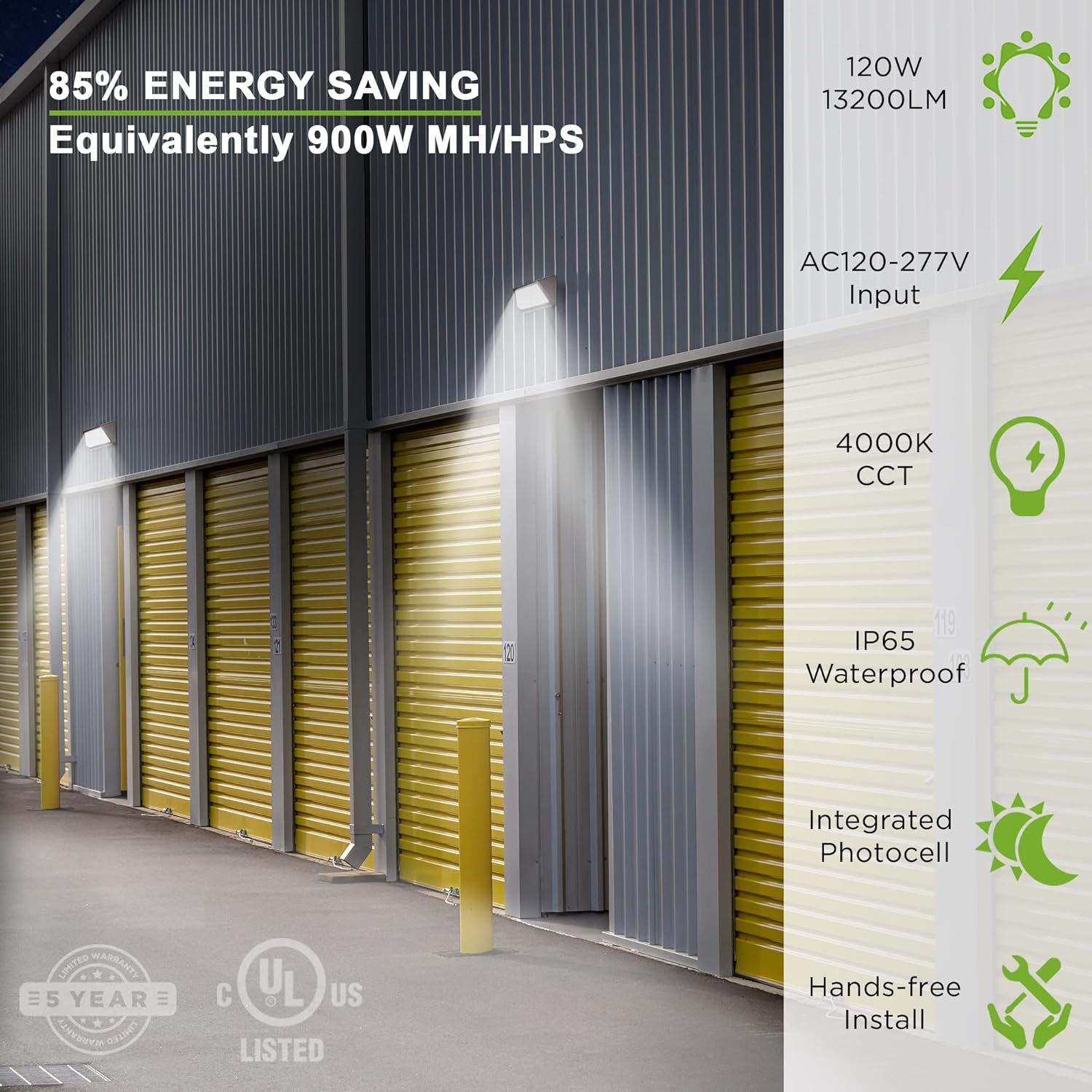 Paquete de luz LED de 120 W, fotocélula del atardecer al amanecer, accesorio de iluminación para áreas de seguridad comercial al aire libre, listado