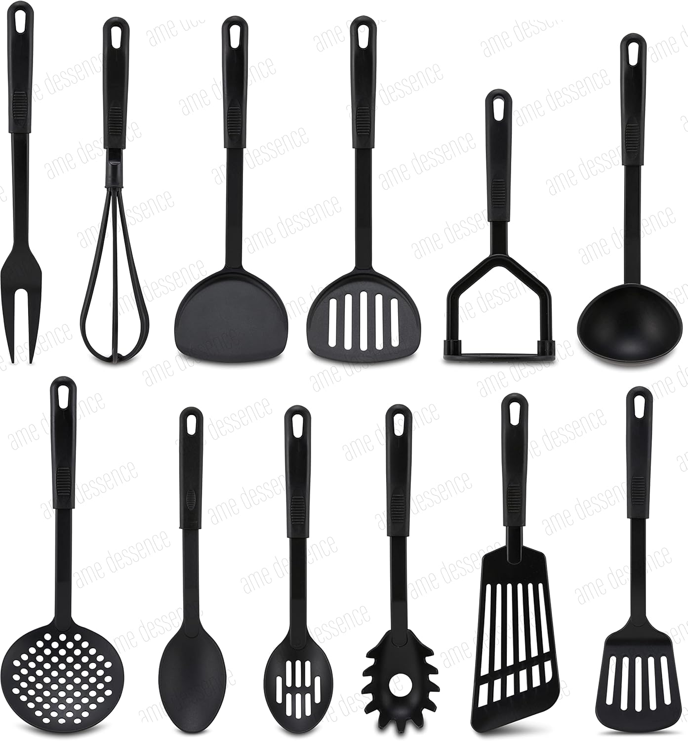 AME D’ESSENCE Cuchara de cocina ranurada de 11 12 pulgadas, nailon negro, 410F, resistente al calor, cuchara para servir con mango ergonómico,