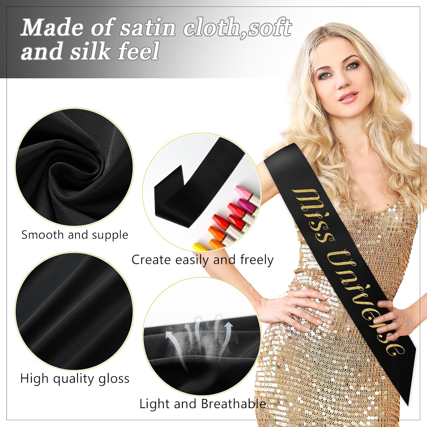 Dreamtop 16 unidades de banda de satén negro en blanco para concursos de personas mayores, banda de Miss América 2024 para concursos de belleza