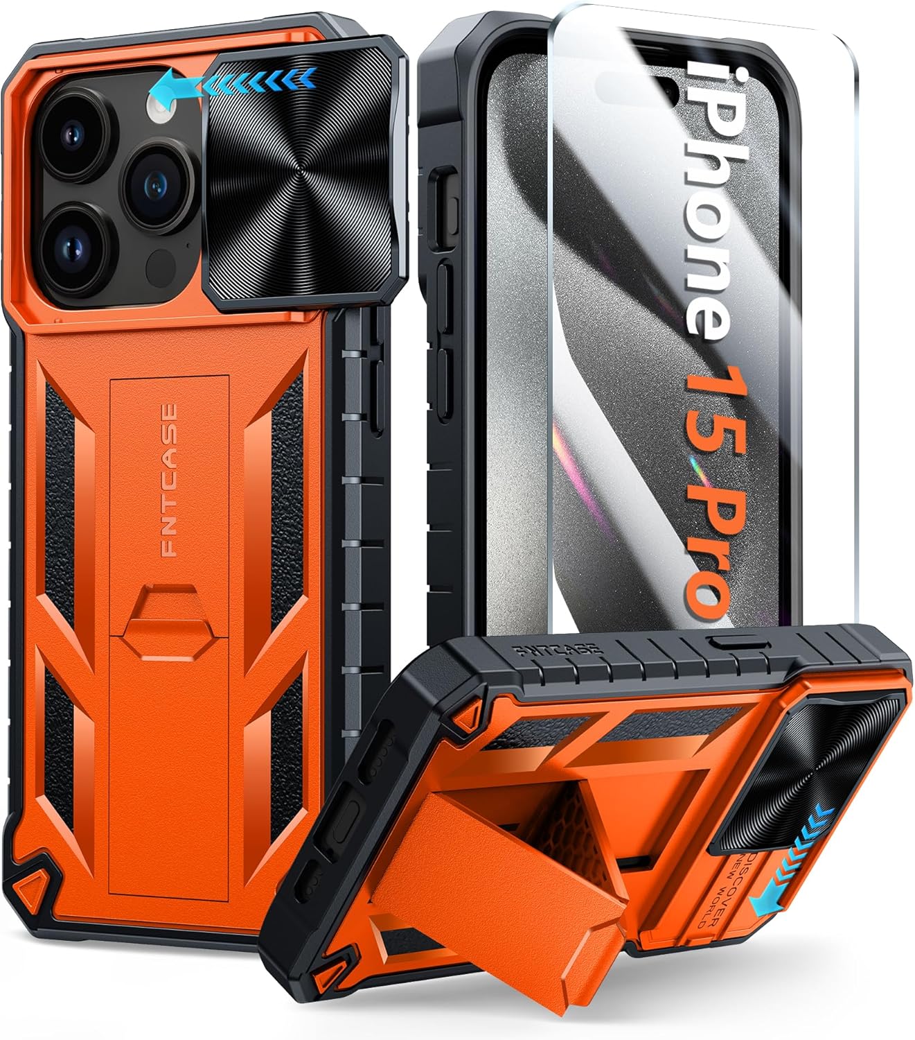 FNTCASE Funda para iPhone 15 Pro protección contra caídas y golpes de grado militar con soporte y tobogán  Protección resistente con textura de