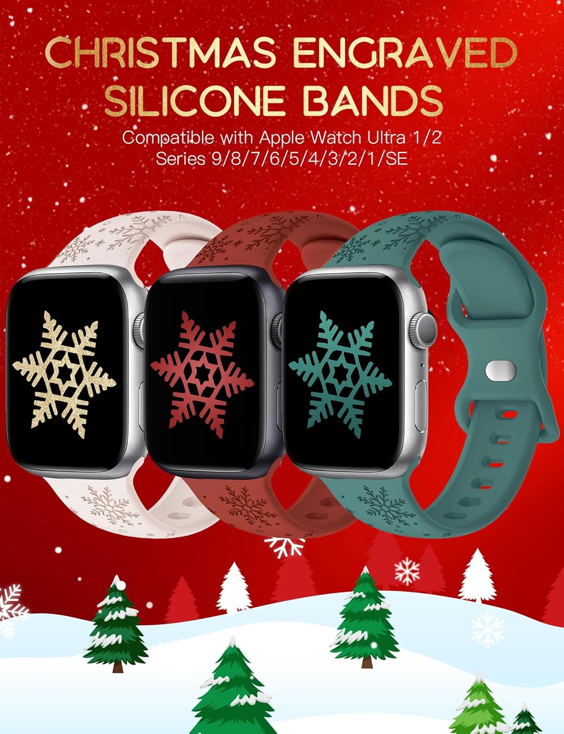 Wearlizer Paquete de 3 bandas grabadas con copos de nieve compatibles con Apple Watch Band de 41401.496 in 4544421.929 in para mujer, correa