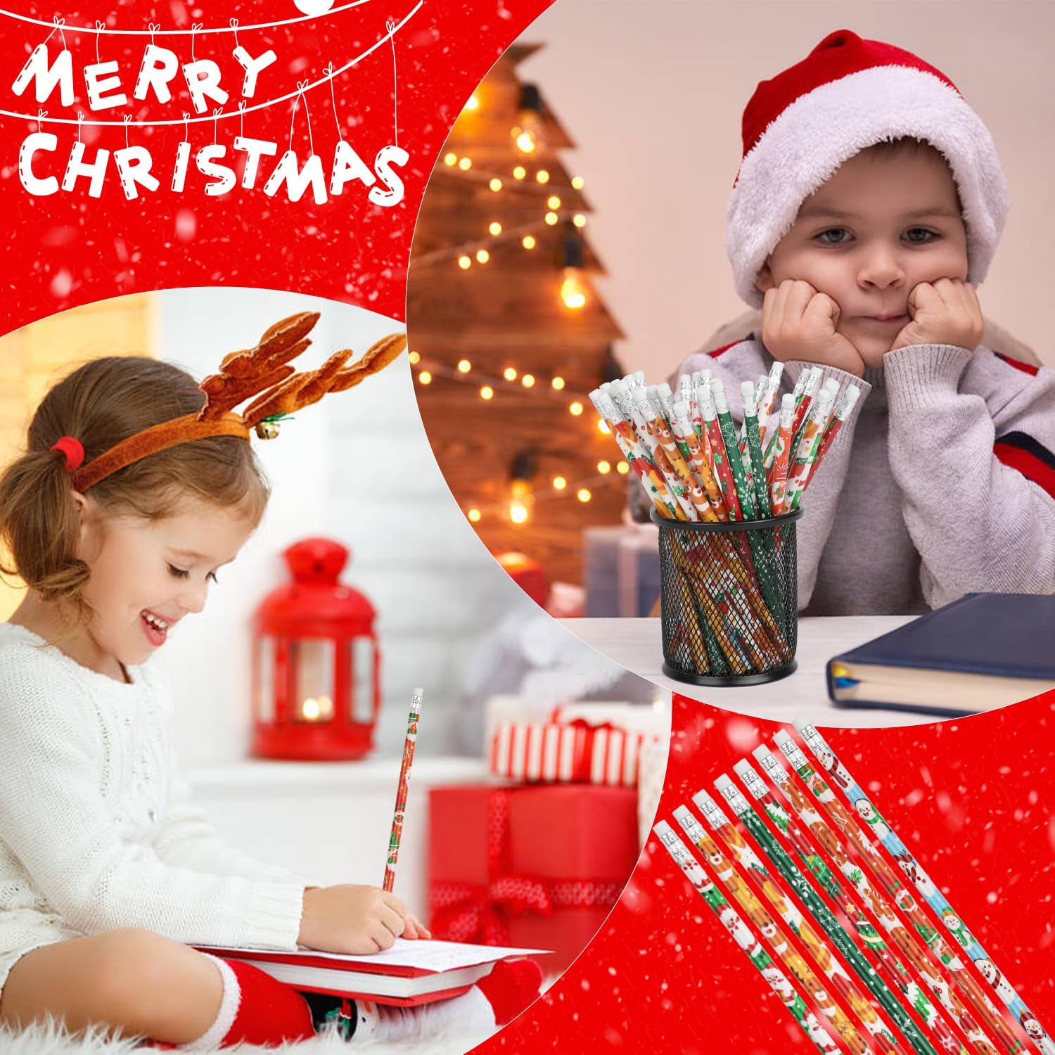 Lápices de Navidad con borrador, 32 lápices temáticos de Navidad con Papá Noel, alce, árbol de Navidad y copo de nieve para niños, suministros de